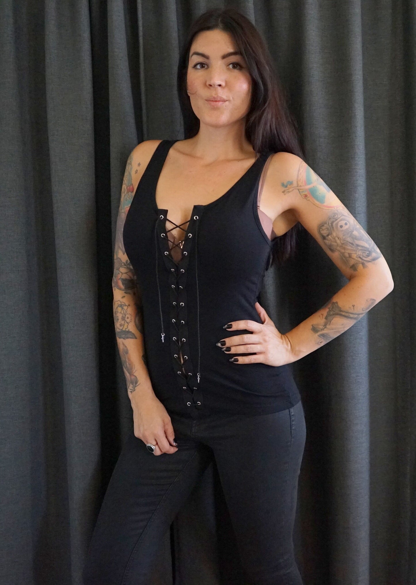 Lace-Up Black Tank Top: Rock Concert Festival Style