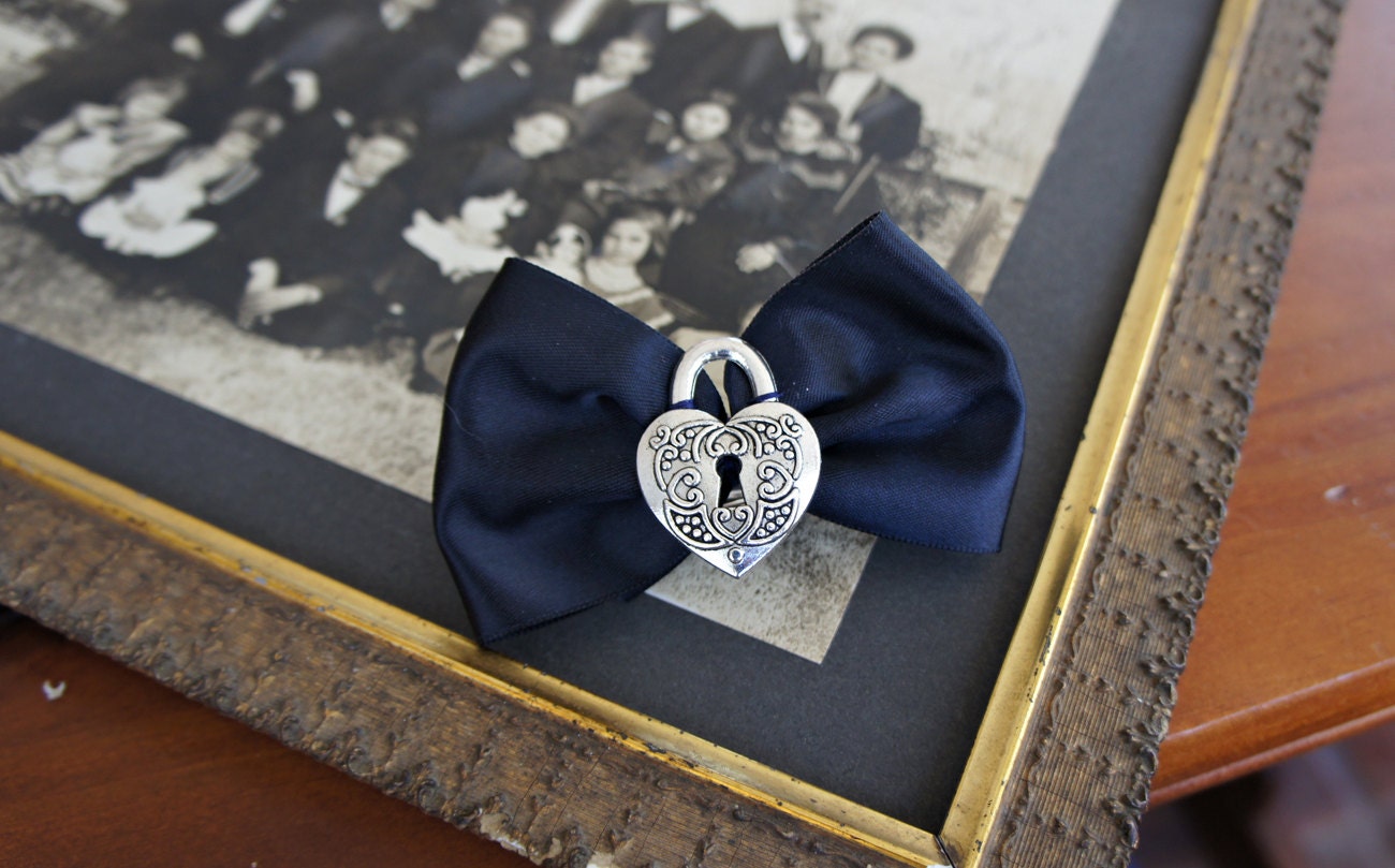 Olivia Paige - Black Satin glamour Lock Heart bow goth gothic Hair clip victorian style