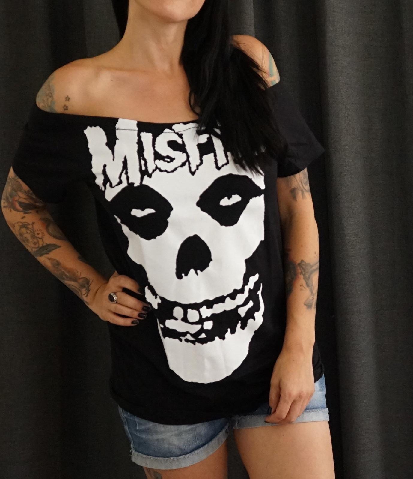 Misfits Lace-Up Concert Tee: Upcycled Band Shirt, Shoulder Cutout