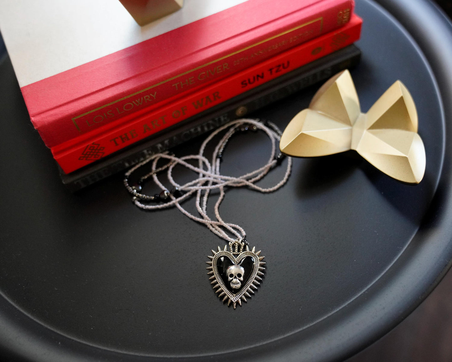 Olivia Paige -Silver Pin up rockabilly Heart Skull Skeleton necklace with Beads