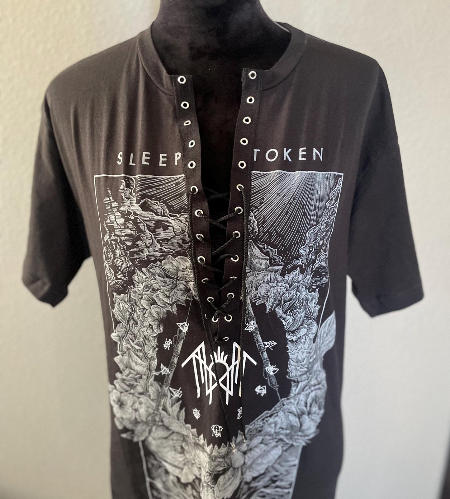 Sleep Token Lace-Up Band Tee: Acid Wash Concert Shirt
