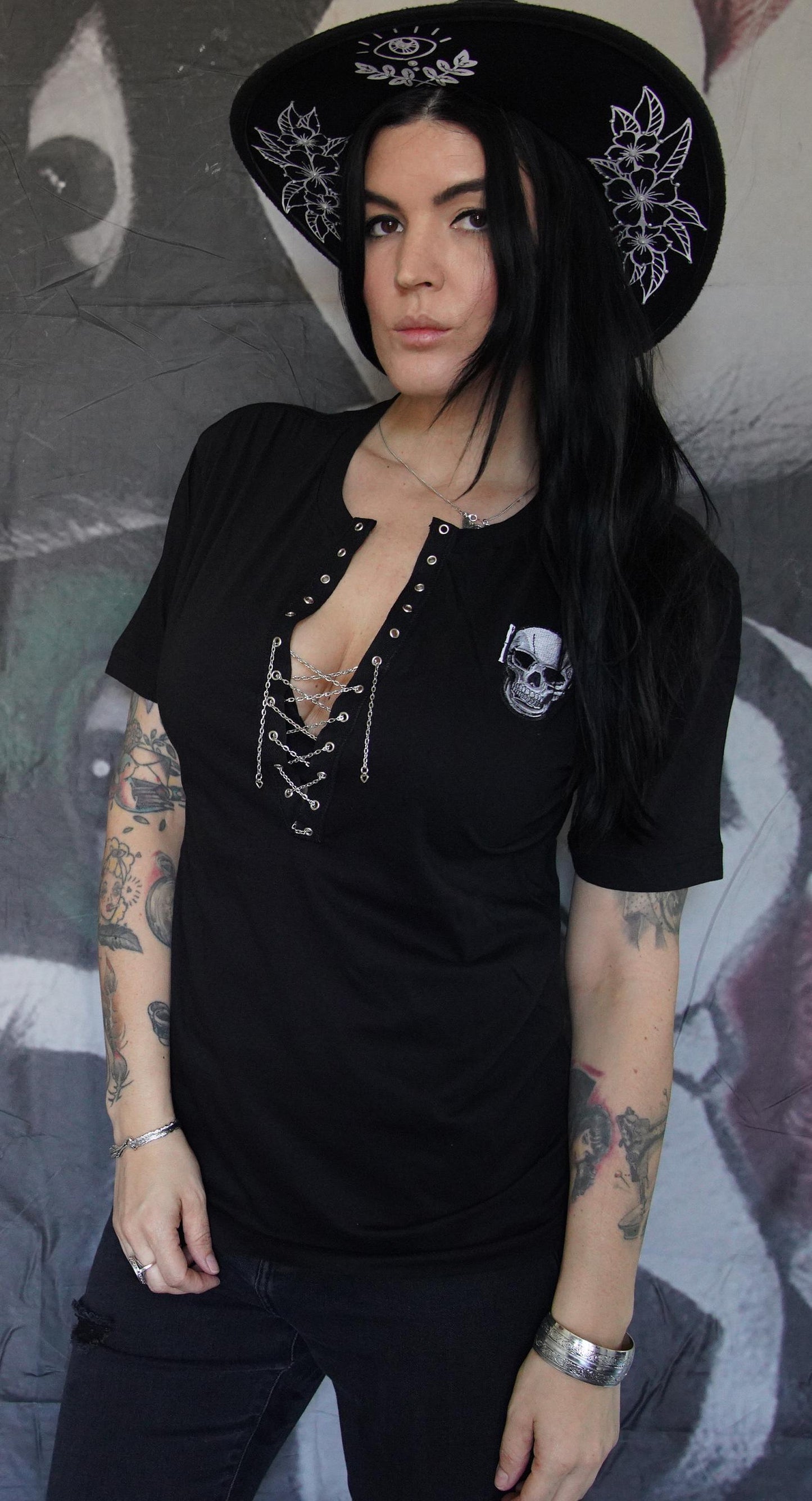 Olivia Paige - Black Skull Shirt Tee T-shirt v-neck with grommets chain lace up