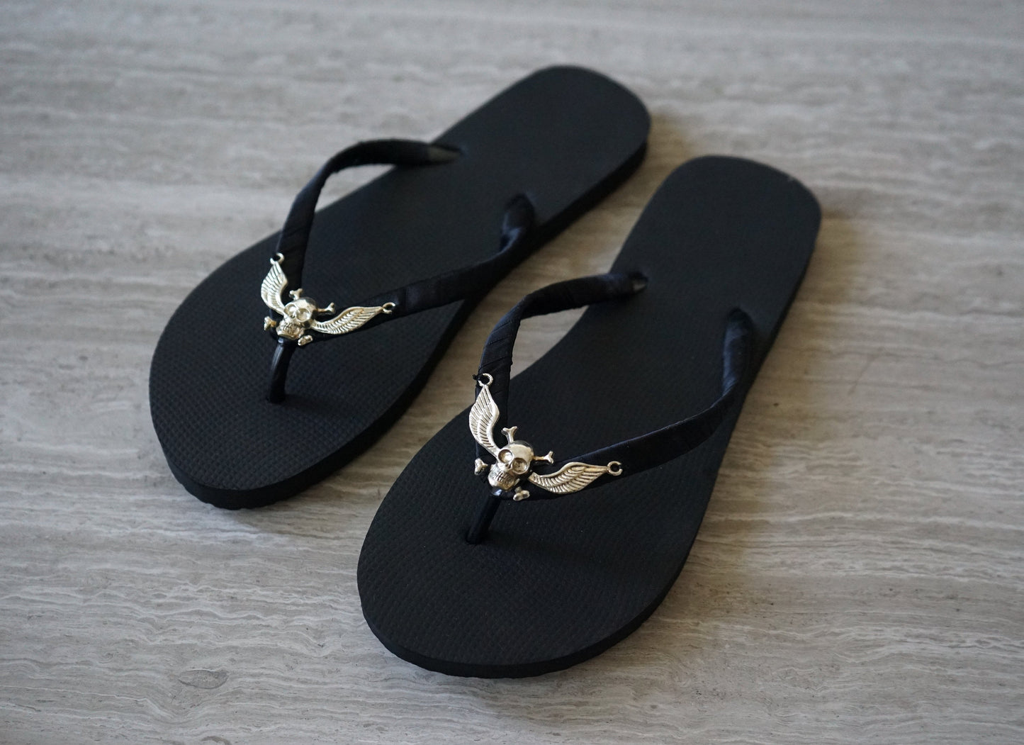 Olivia Paige -Tattoo Harley skulls skull wings Rockstar Rock and Roll Flip flops