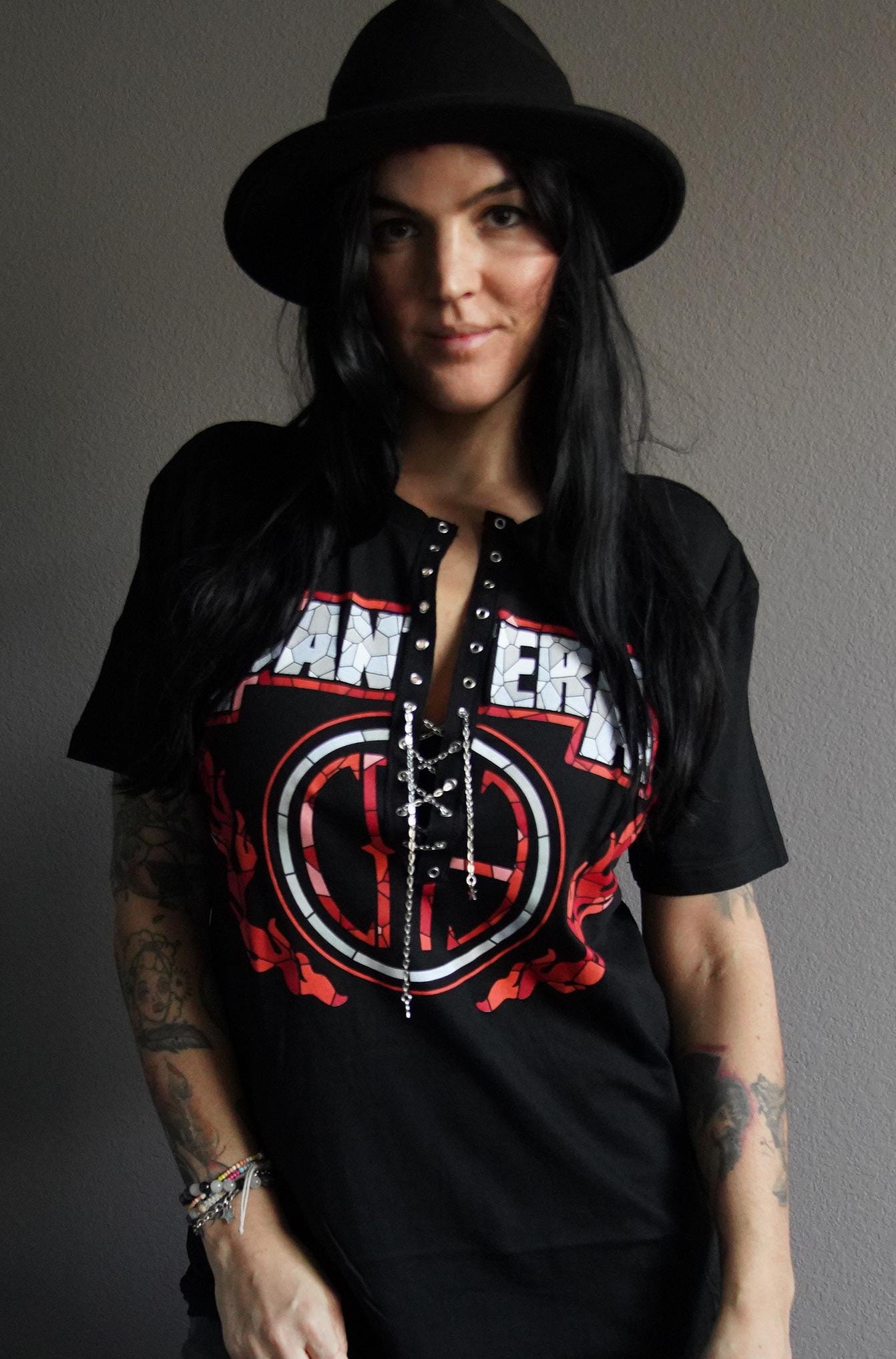 Lace-Up Pantera Band Tee: Upcycled Concert T-Shirt