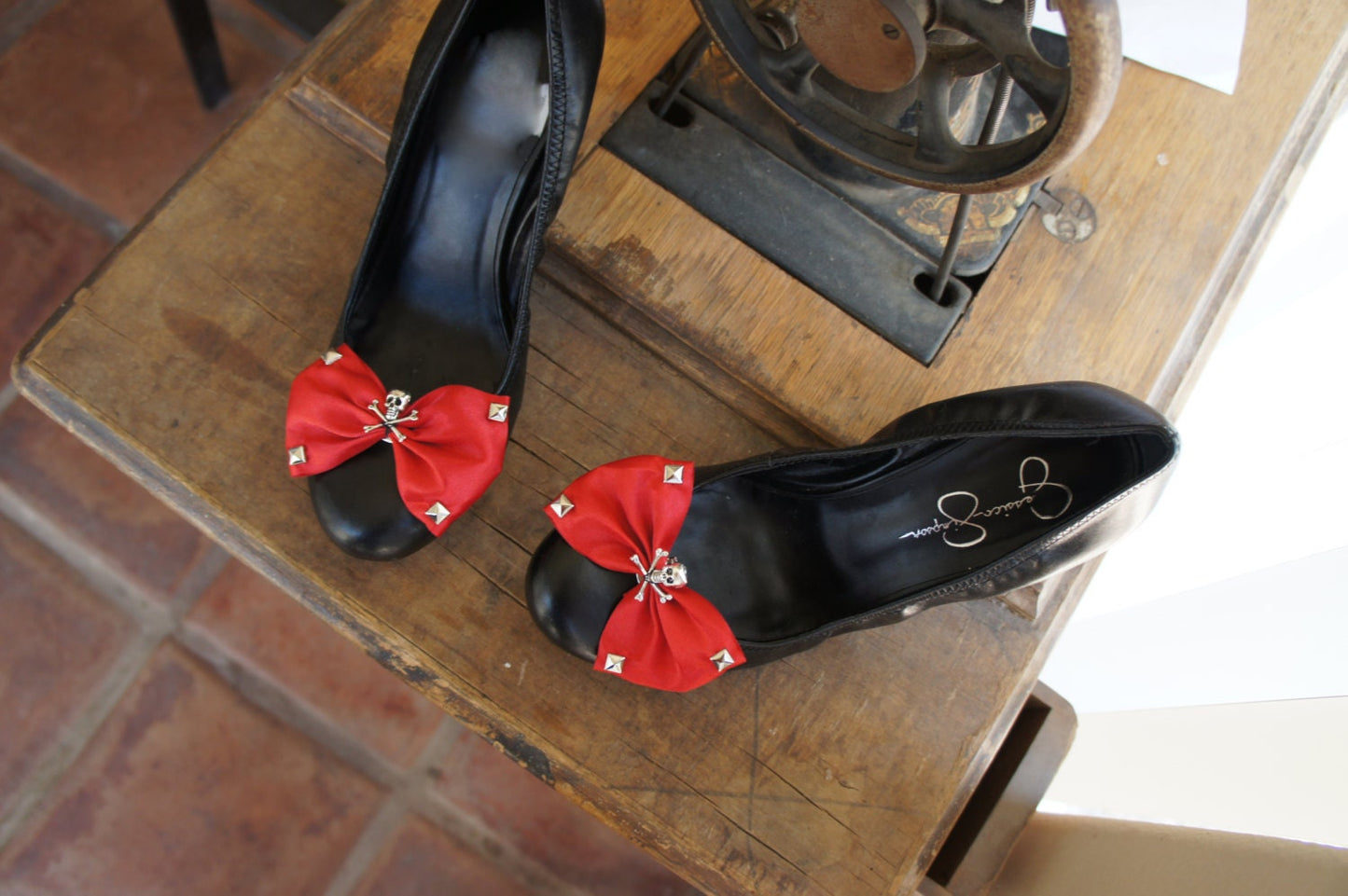 Olivia Paige - Red satin Bow Sugar skull shoe Clips Pirate skulls Crossbones with studs