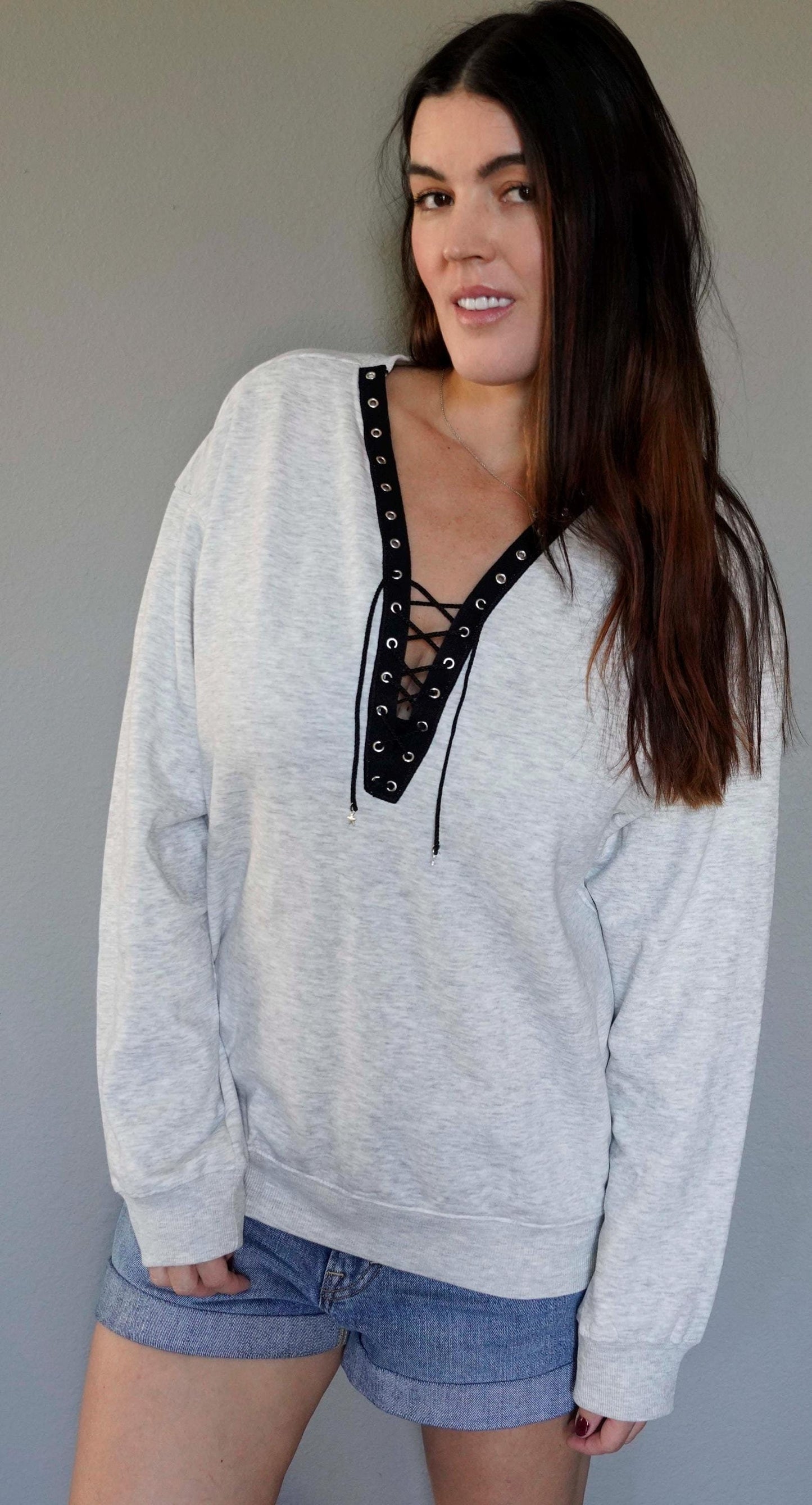Olivia Paige - Oversized Sweatshirt Hoodie Lace up Grommets Eyelets V-neck