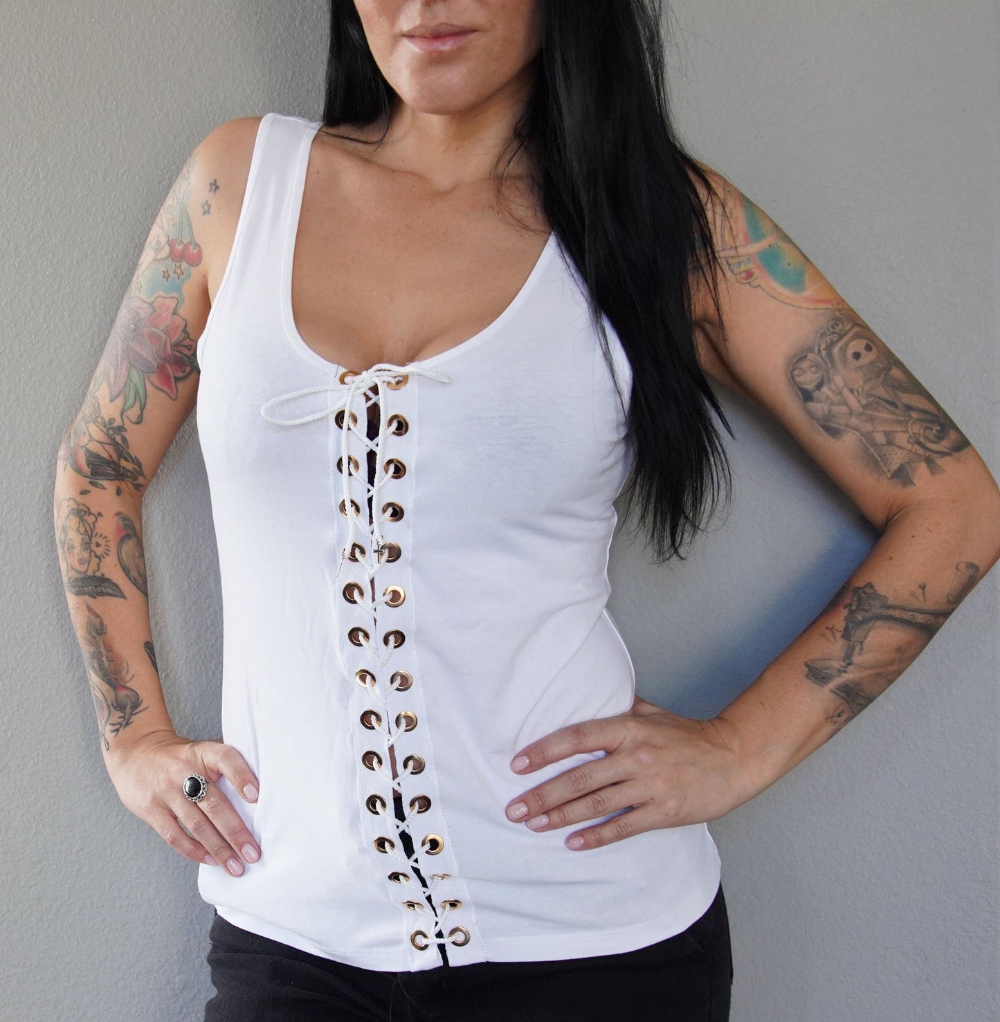 Olivia Paige Clothing - White front Eyelet grommets lace up tank corset style
