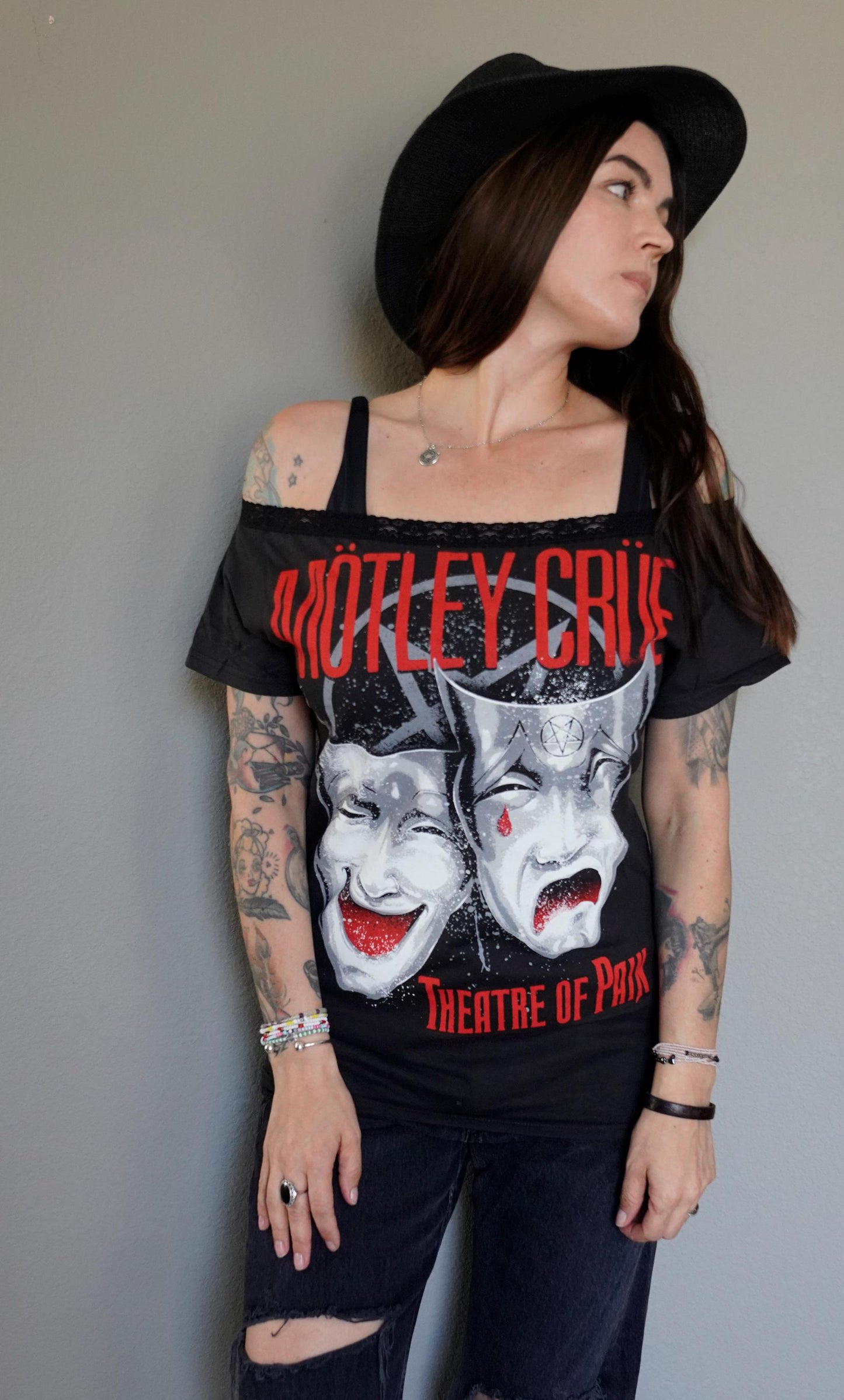 Motley Crue Band Tee: Lace-Up Scoop Neck, Shoulders Off - Upcycled Concert Shirt