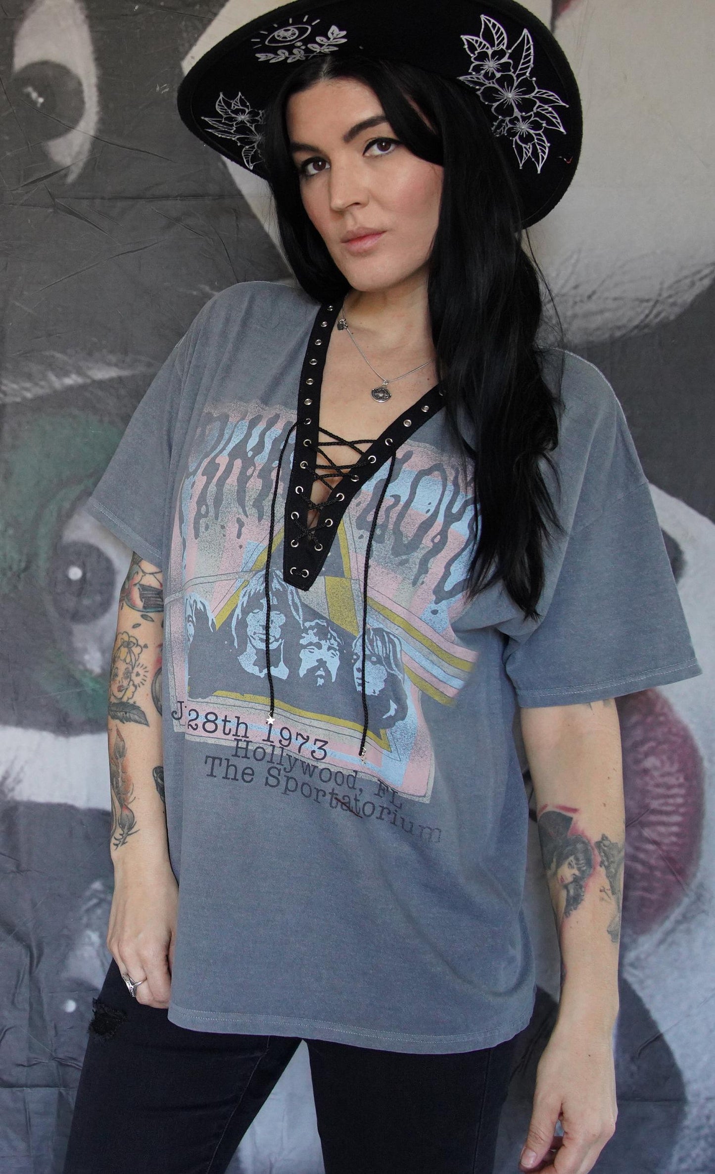 Pink Floyd Lace-Up Band Tee: Reworked Concert T-Shirt