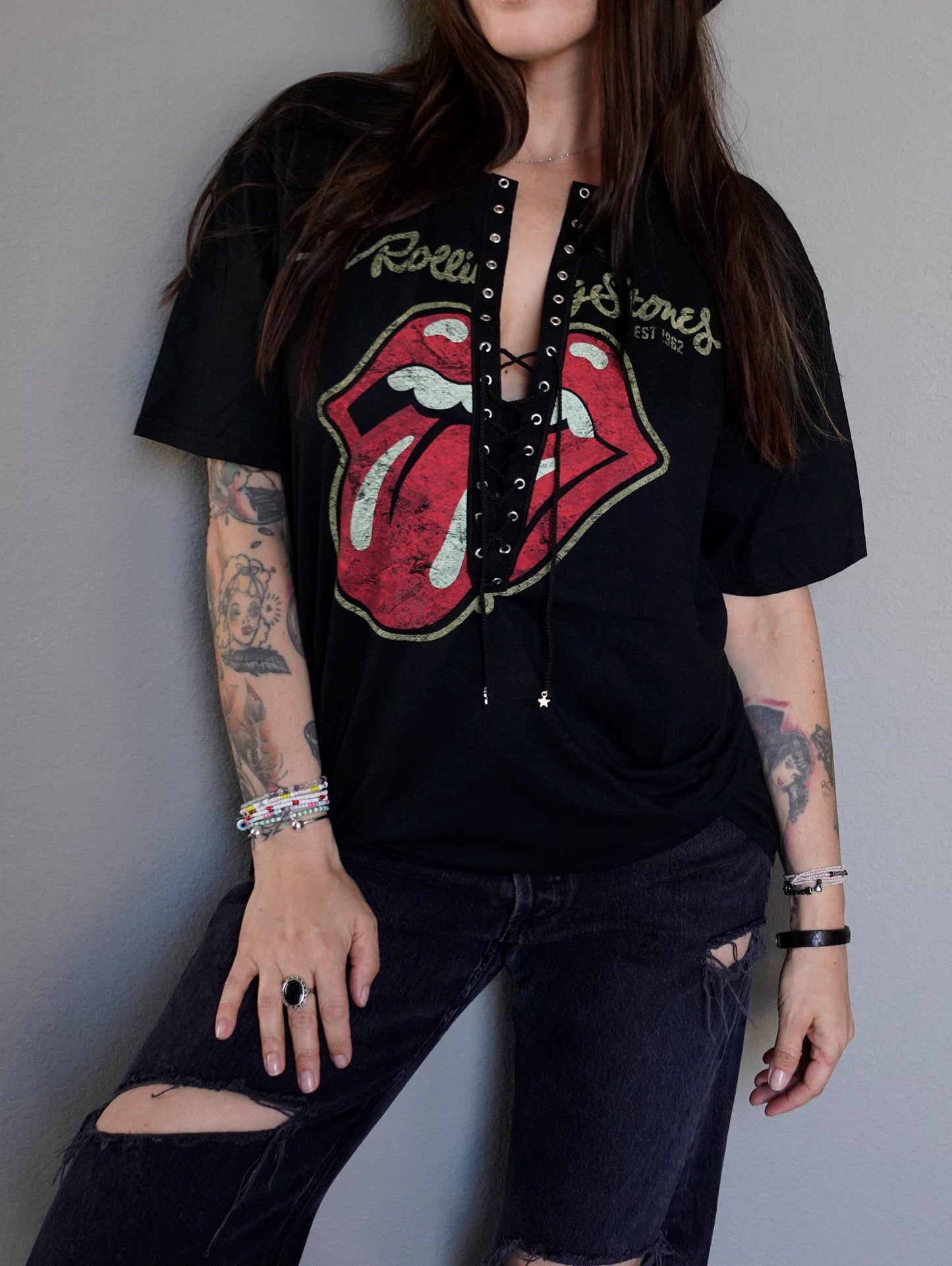 Rolling Stones Lace-Up Band Tee: Upcycled Concert Shirt