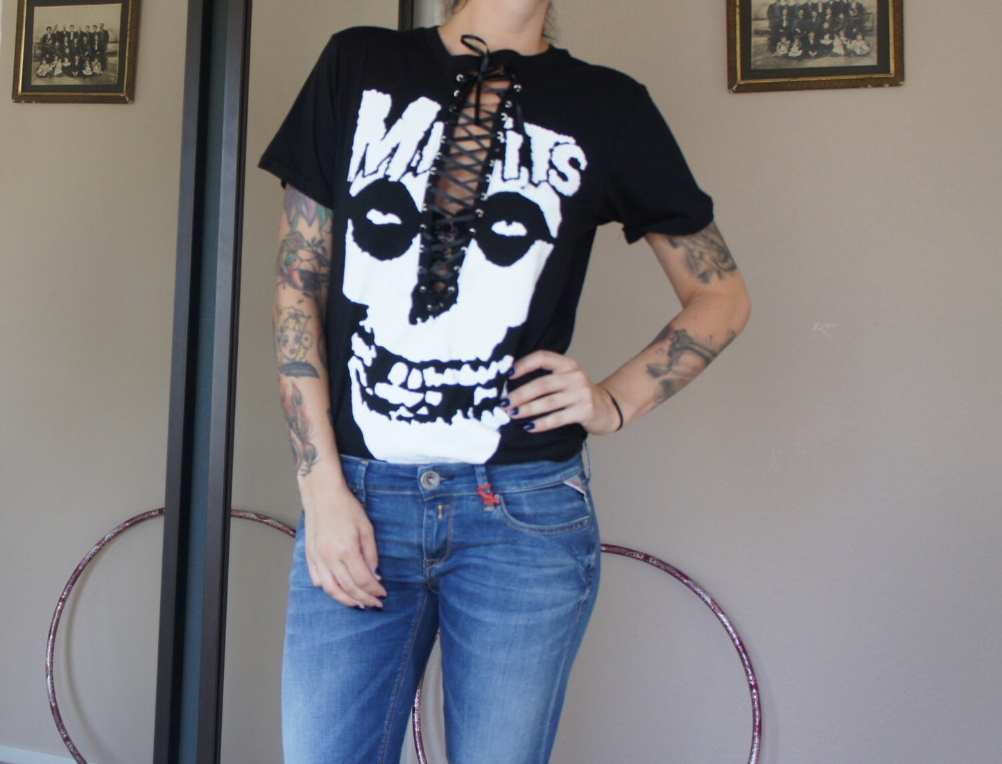 Handmade Misfits Lace-Up Band Tee: Upcycled Gothic Top