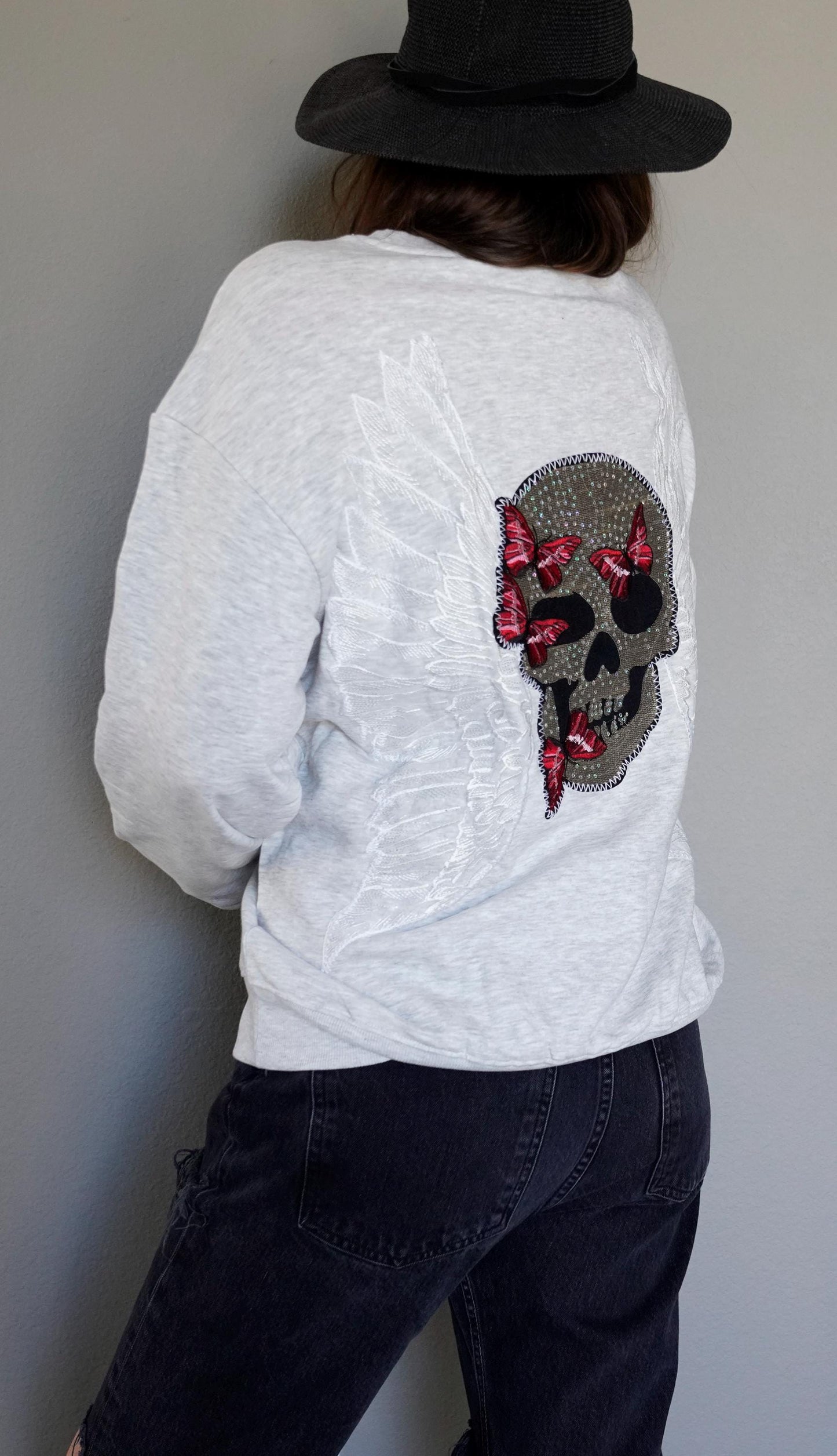 Olivia Paige- Sugar skull sequin skull head with butterfly Hoodie wing Angel Wings