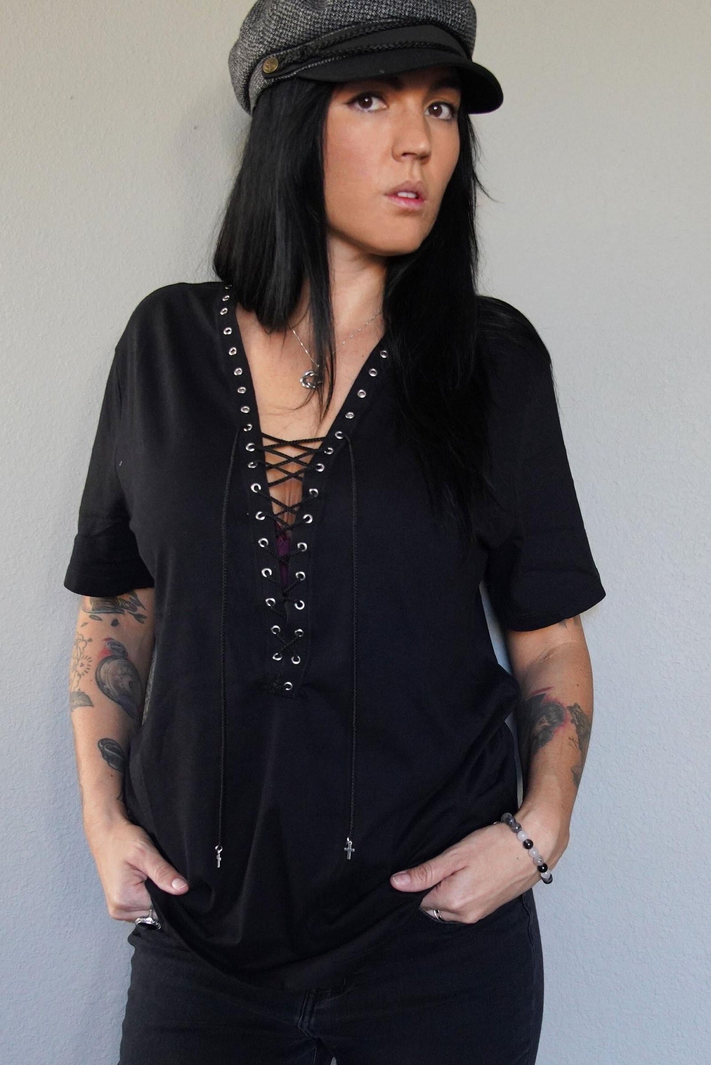 Olivia Paige -Black Front Tee Shirt Grommets Lace up