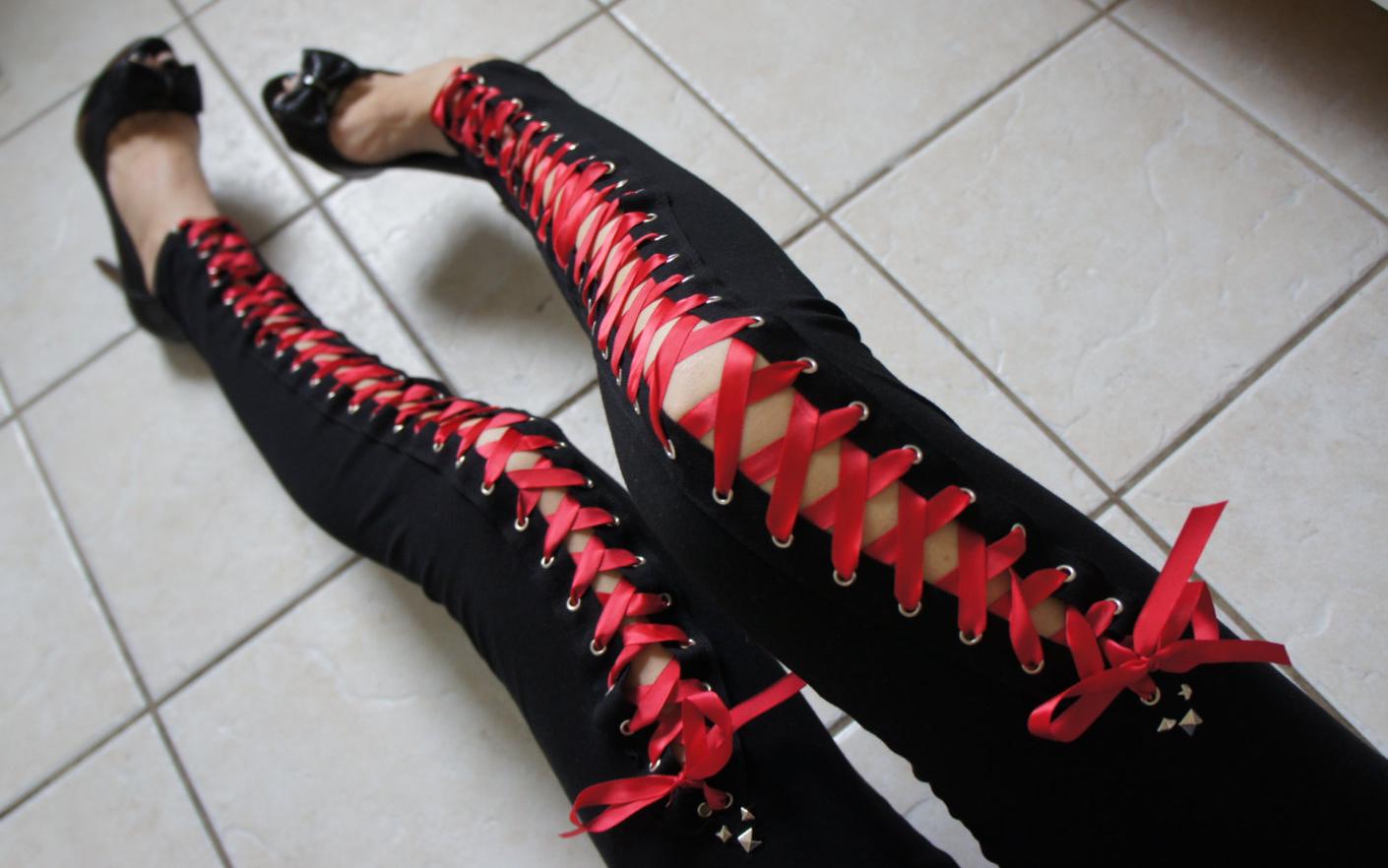 Olivia Paige -Punk rock Leggings with red ribbon Lace Up studs
