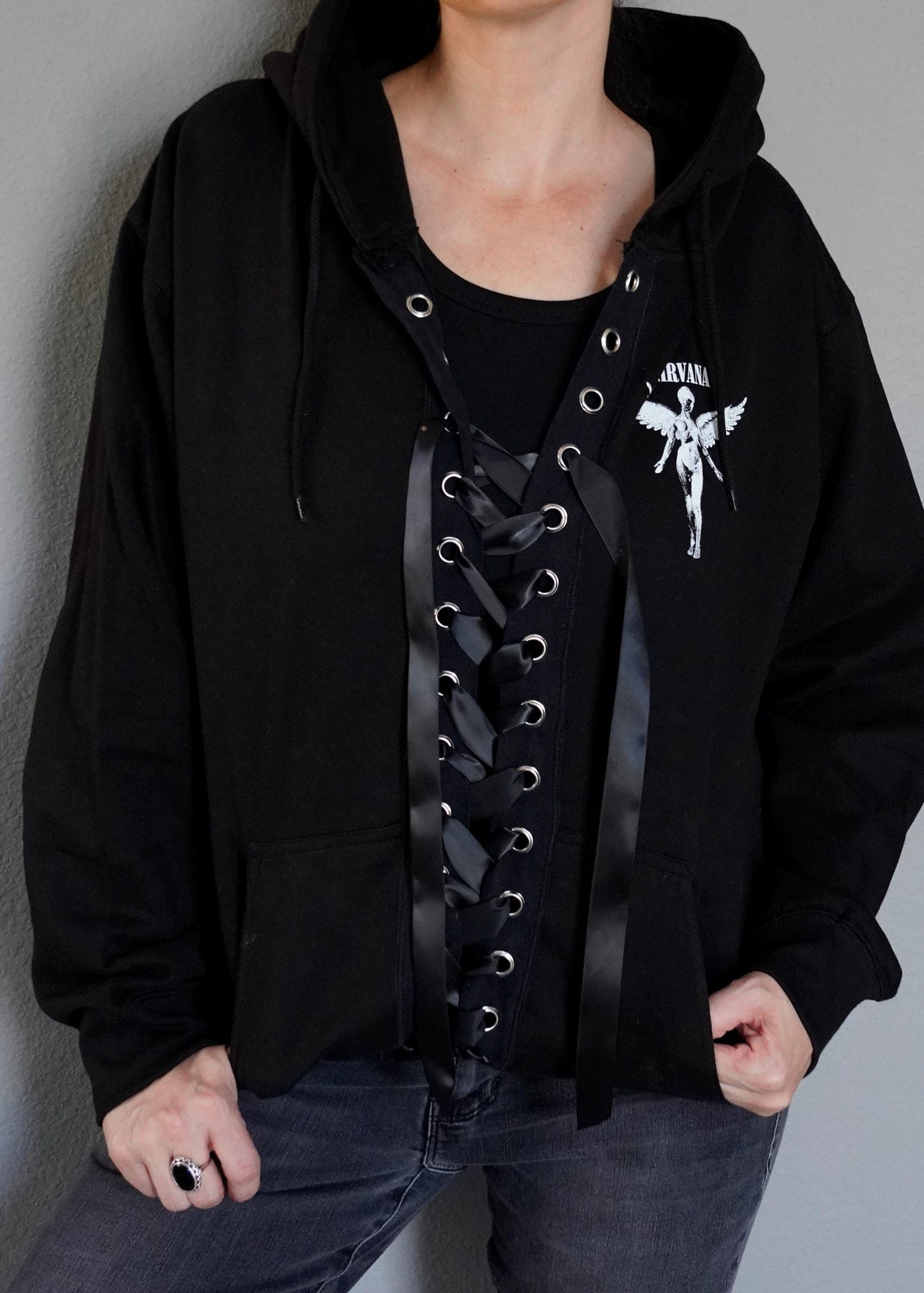 NIRVANA Sweatshirt Top with lacing lace up Black Satin Ribbon Band Top Hoodie