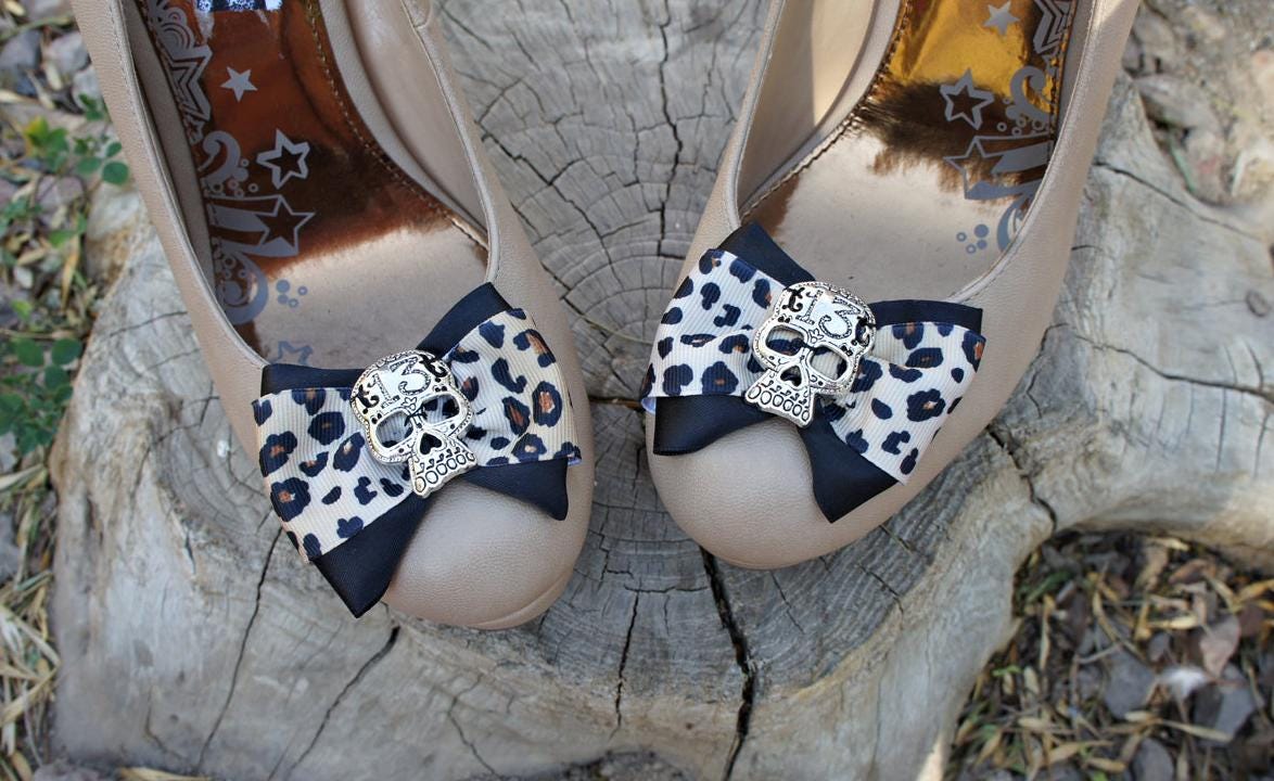 Olivia Paige- Pin up rockabilly Leopard satin black shoes clips sugar skulls skeleton