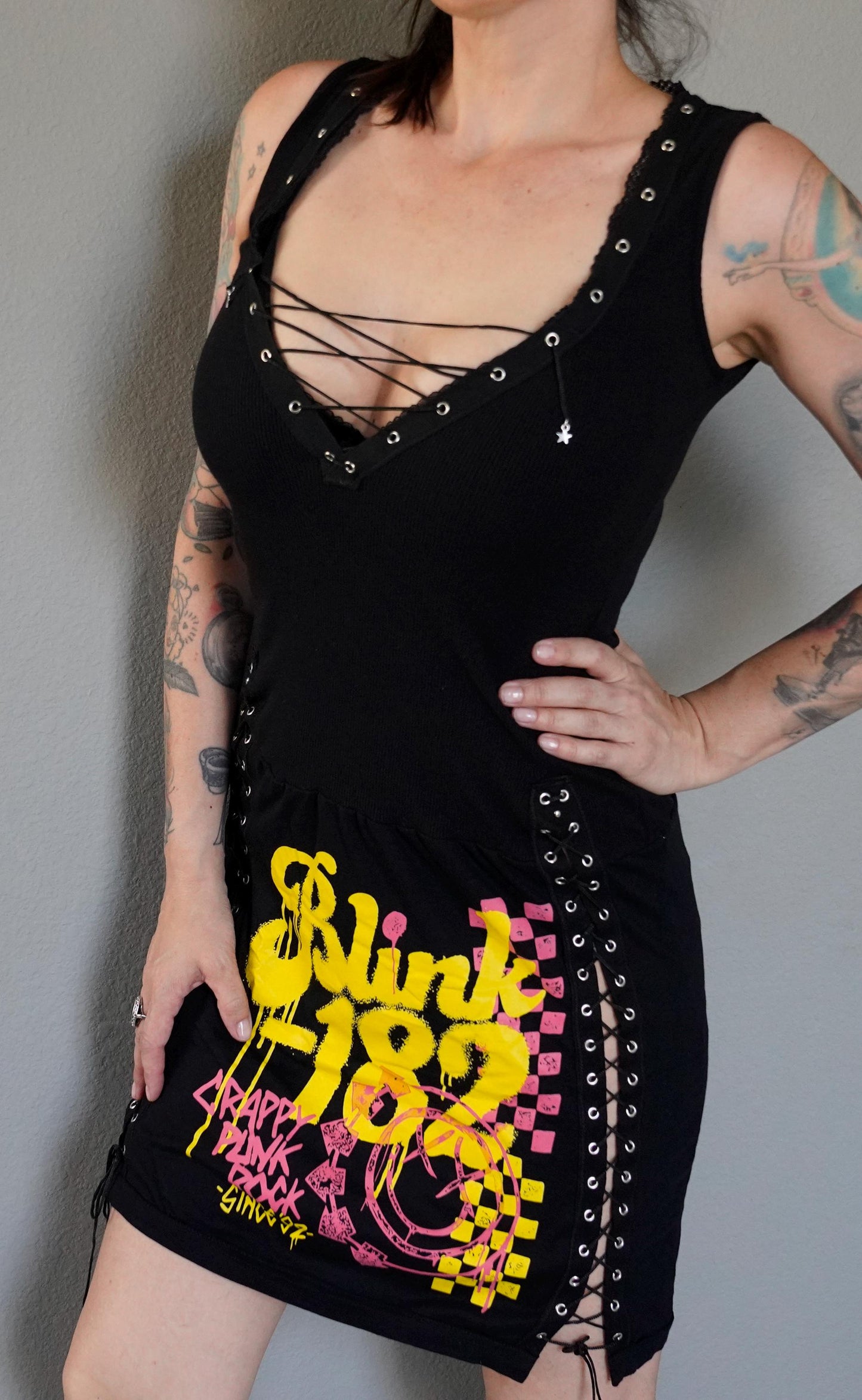 Olivia Paige Clothing - Blink 182 Custom dress Tee with eyelets lace ups