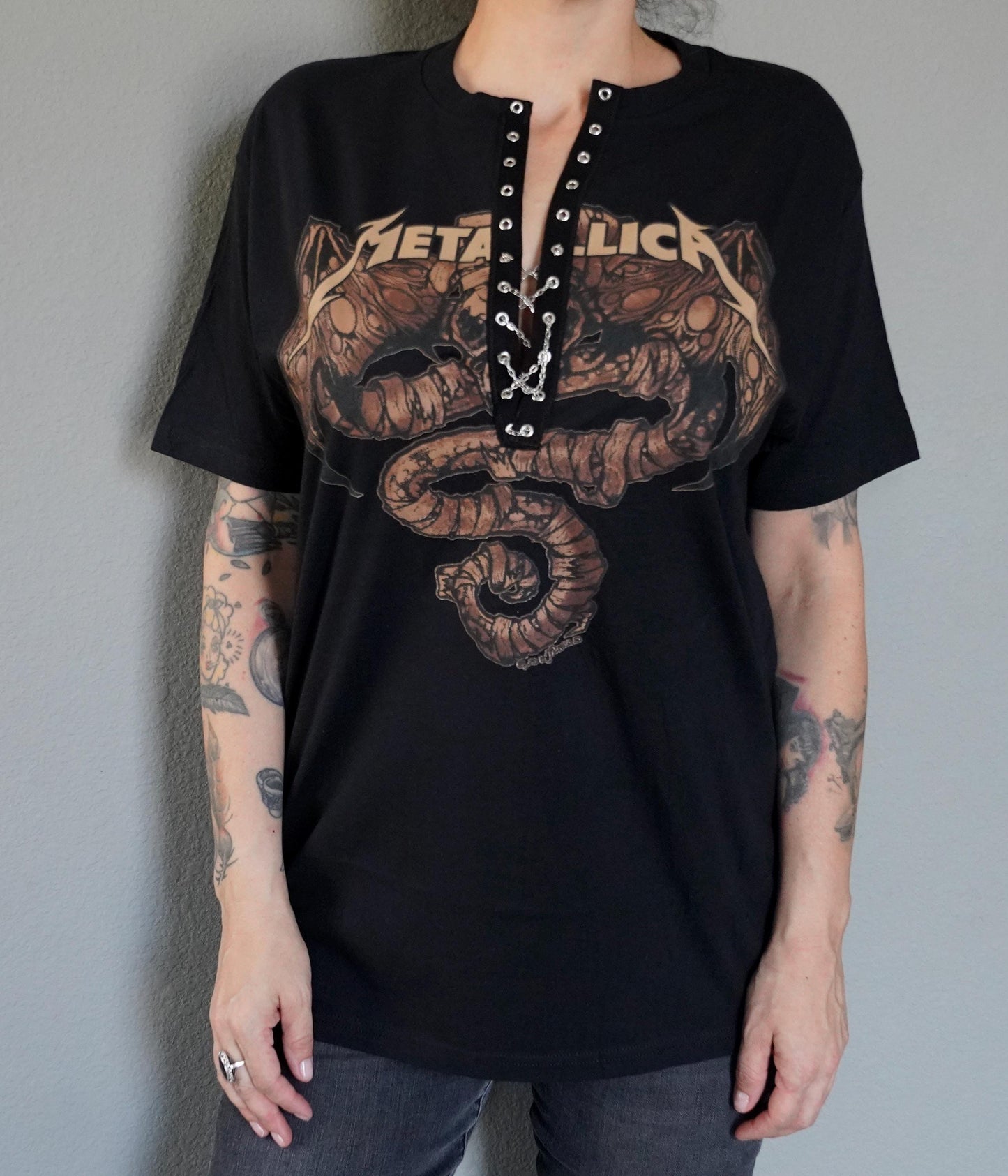 Lace-Up Metallica Concert Tee: Hand-Altered Band Shirt