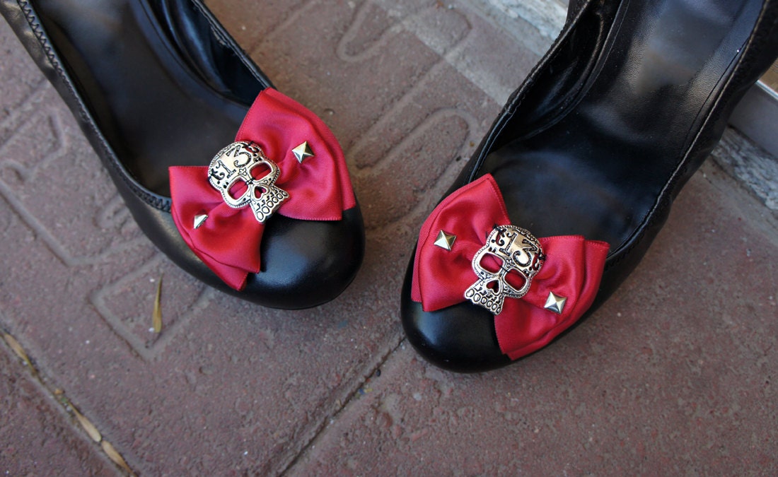 Olivia Paige - Red satin Bow Sugar skull shoe Clips Pyramids