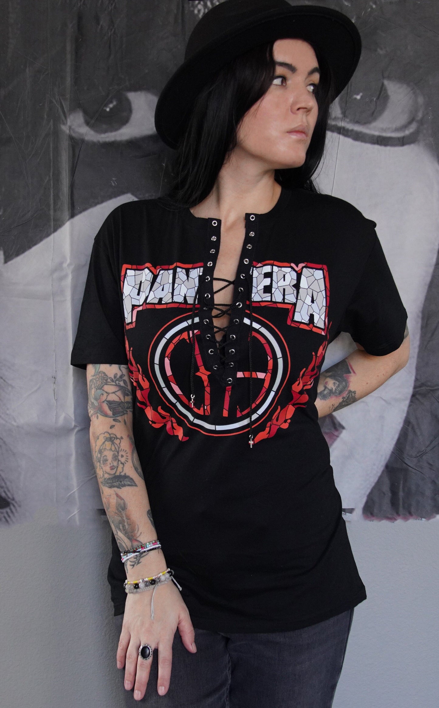 Pantera Lace-Up Band Tee: Acid Wash Concert Shirt