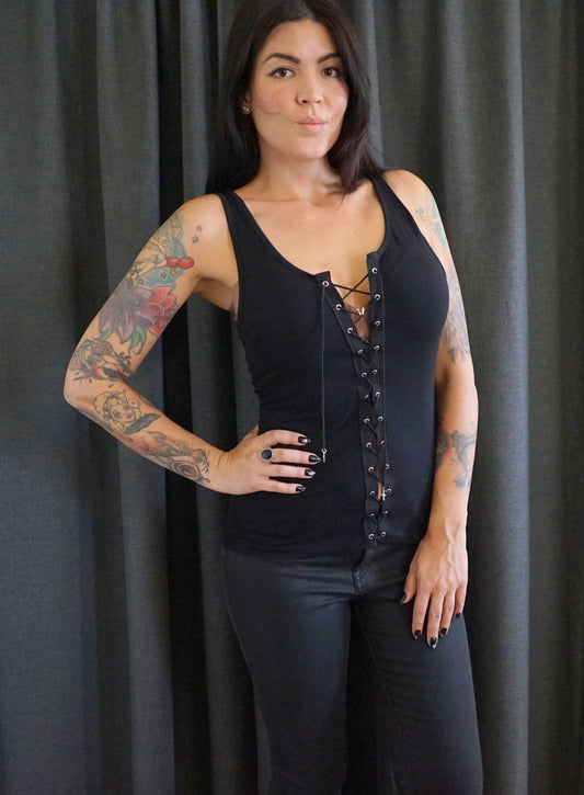 Lace-Up Black Tank Top: Rock Concert Festival Style