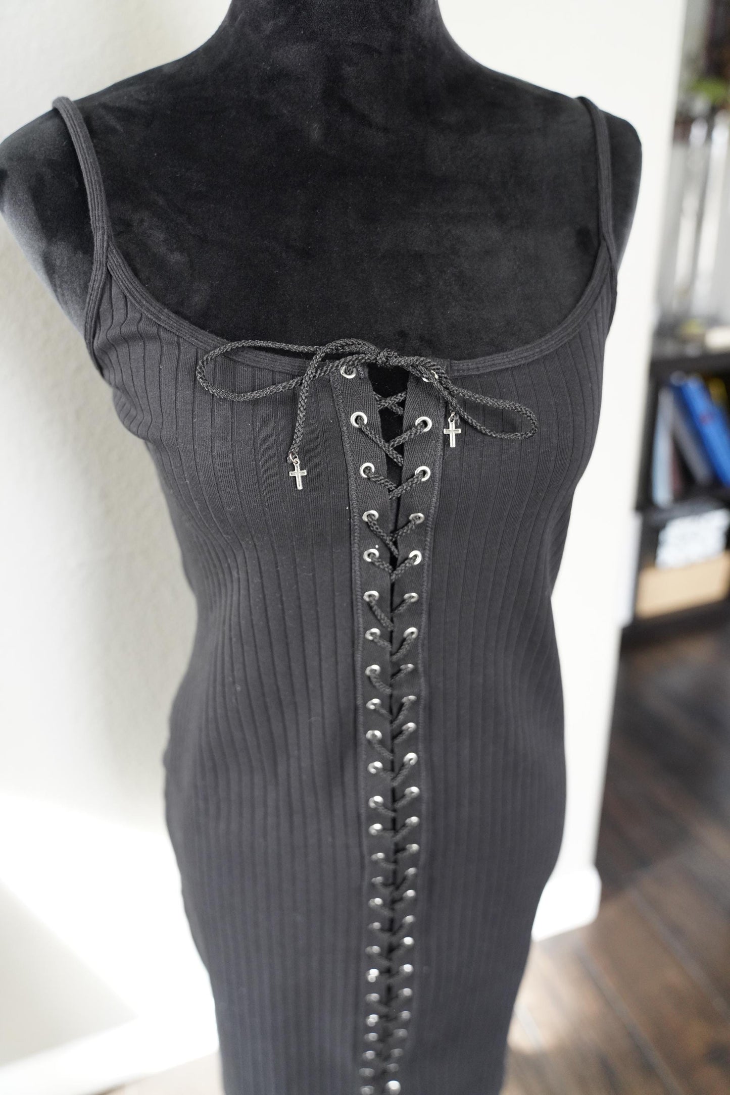 Olivia Paige -  Skinny Mid dress with front lace up Cross Charms