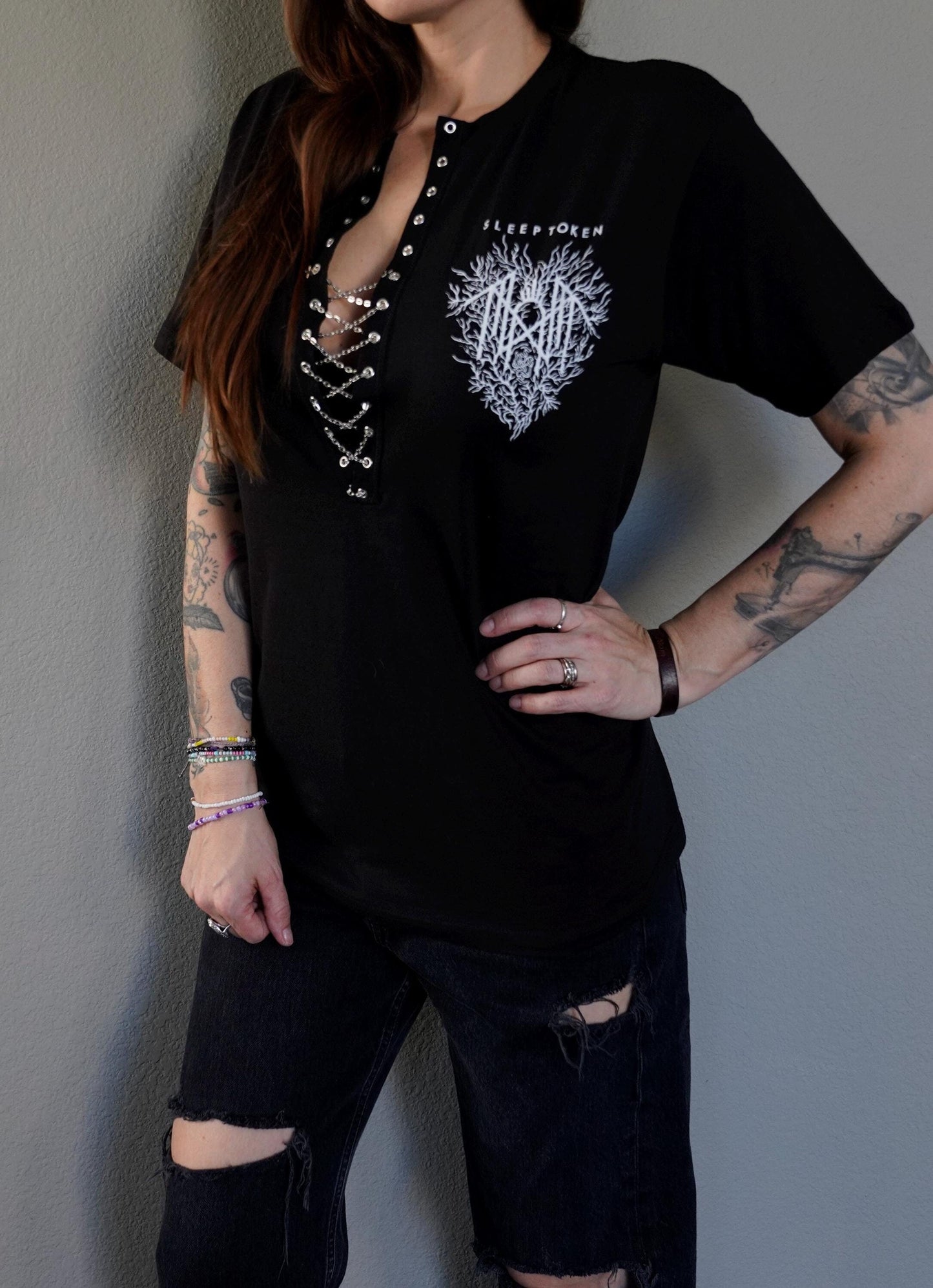 Sleep Token Lace-Up Band Tee: Upcycled Concert Shirt