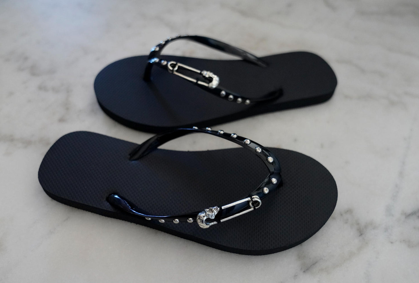 Olivia Paige -  Silver Studs Skull Safe pin   Harley skulls rockabilly Flip flops