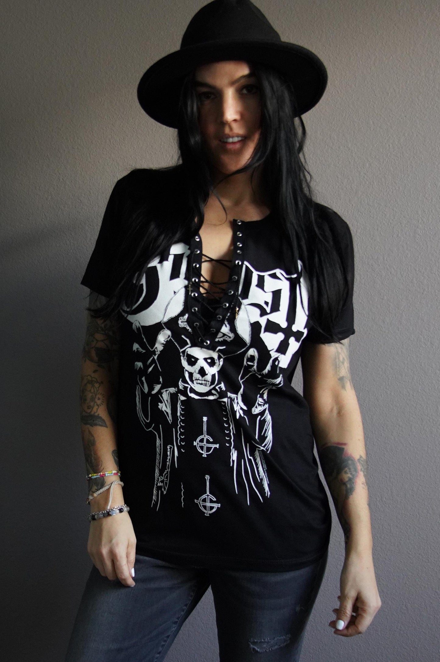 Lace-Up Ghost Band Tee: Upcycled Concert Shirt