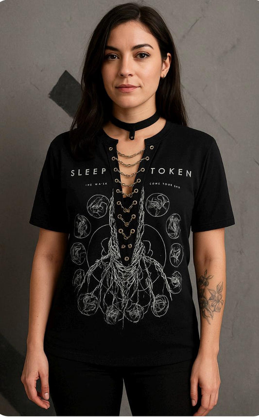 Sleep Token Lace-Up Band Tee: Upcycled Concert Shirt