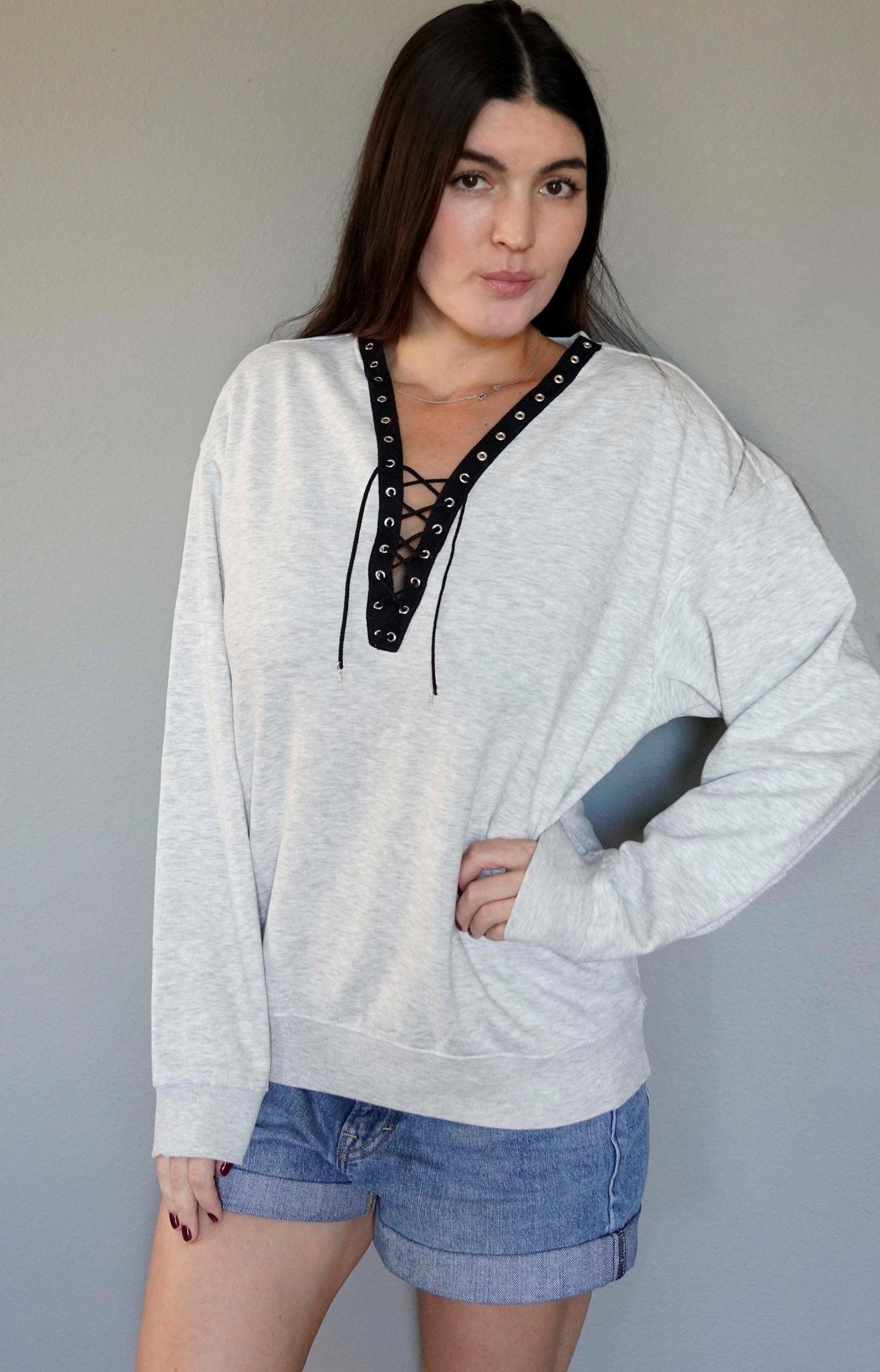 Olivia Paige - Oversized  Sweatshirt Hoodie Lace up Grommets Eyelets V-neck