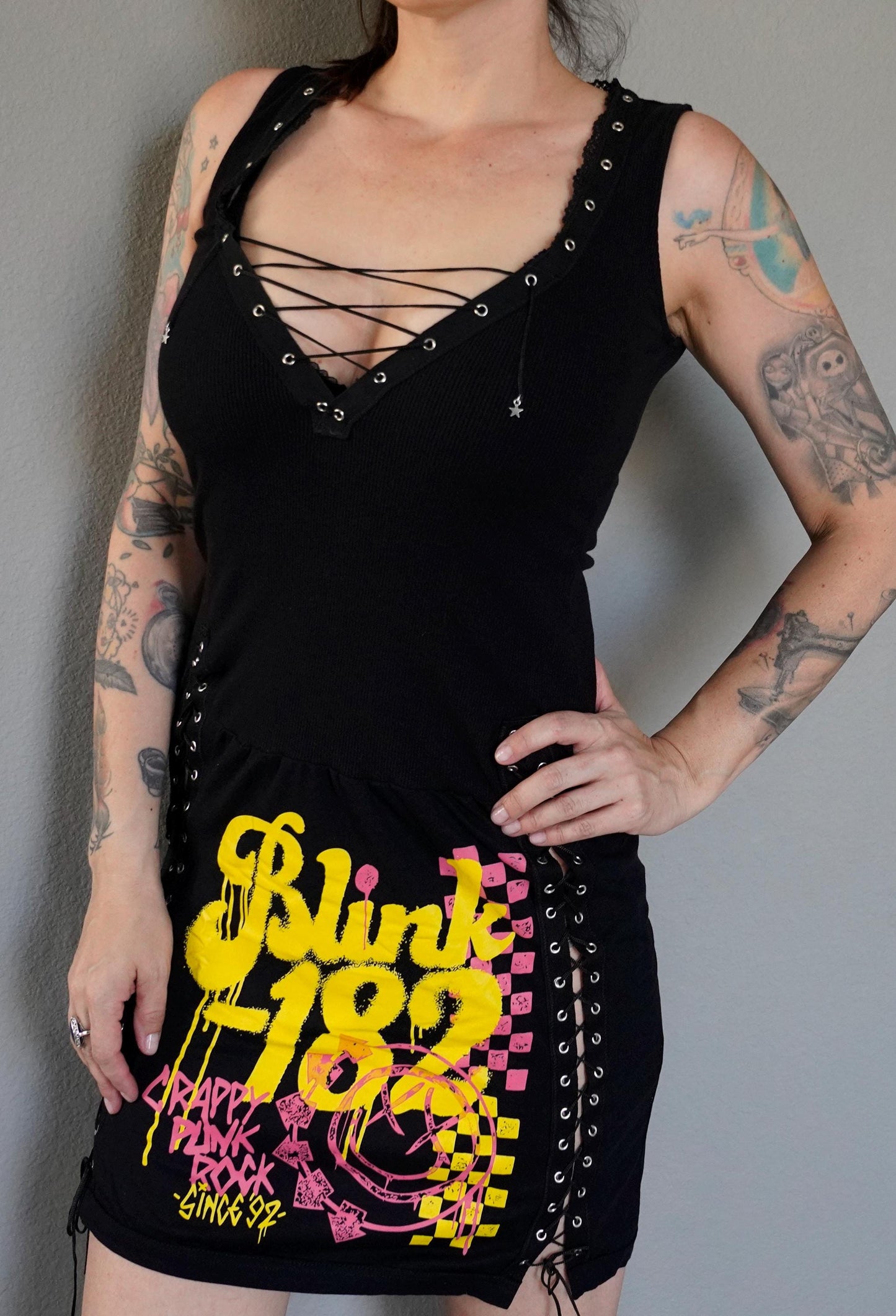 Olivia Paige Clothing - Blink 182 Custom dress Tee with eyelets lace ups