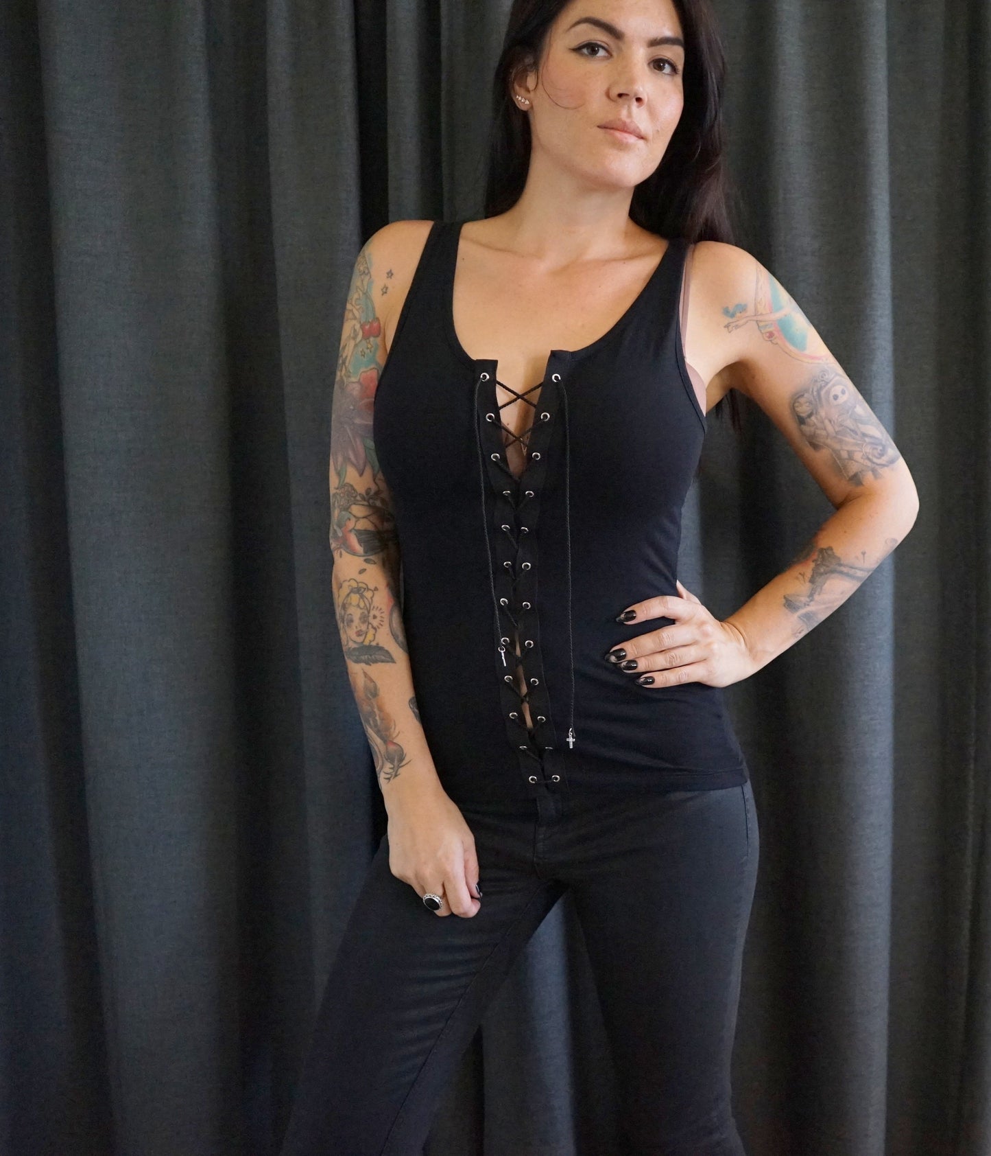 Lace-Up Black Tank Top: Rock Concert Festival Style