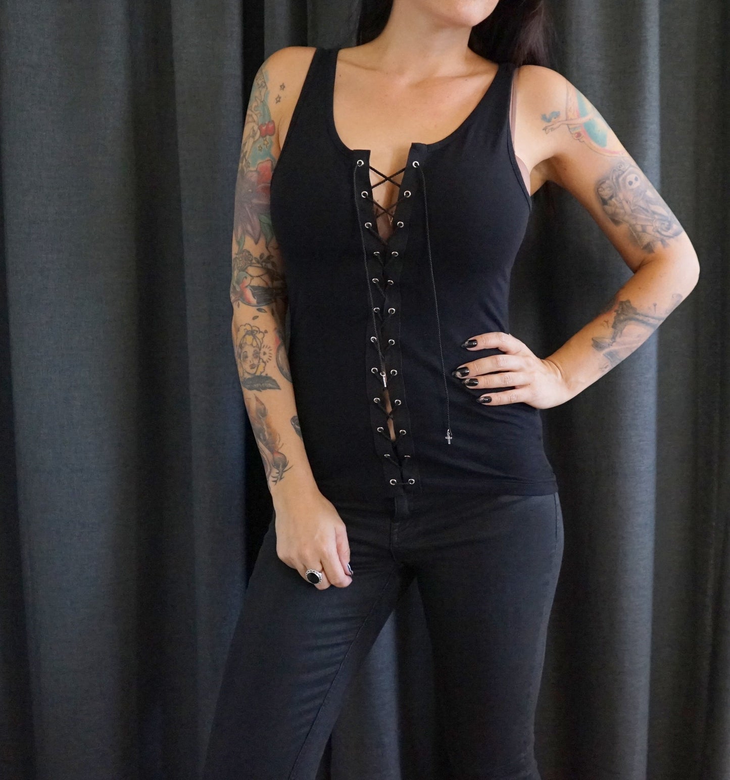 Lace-Up Black Tank Top: Rock Concert Festival Style