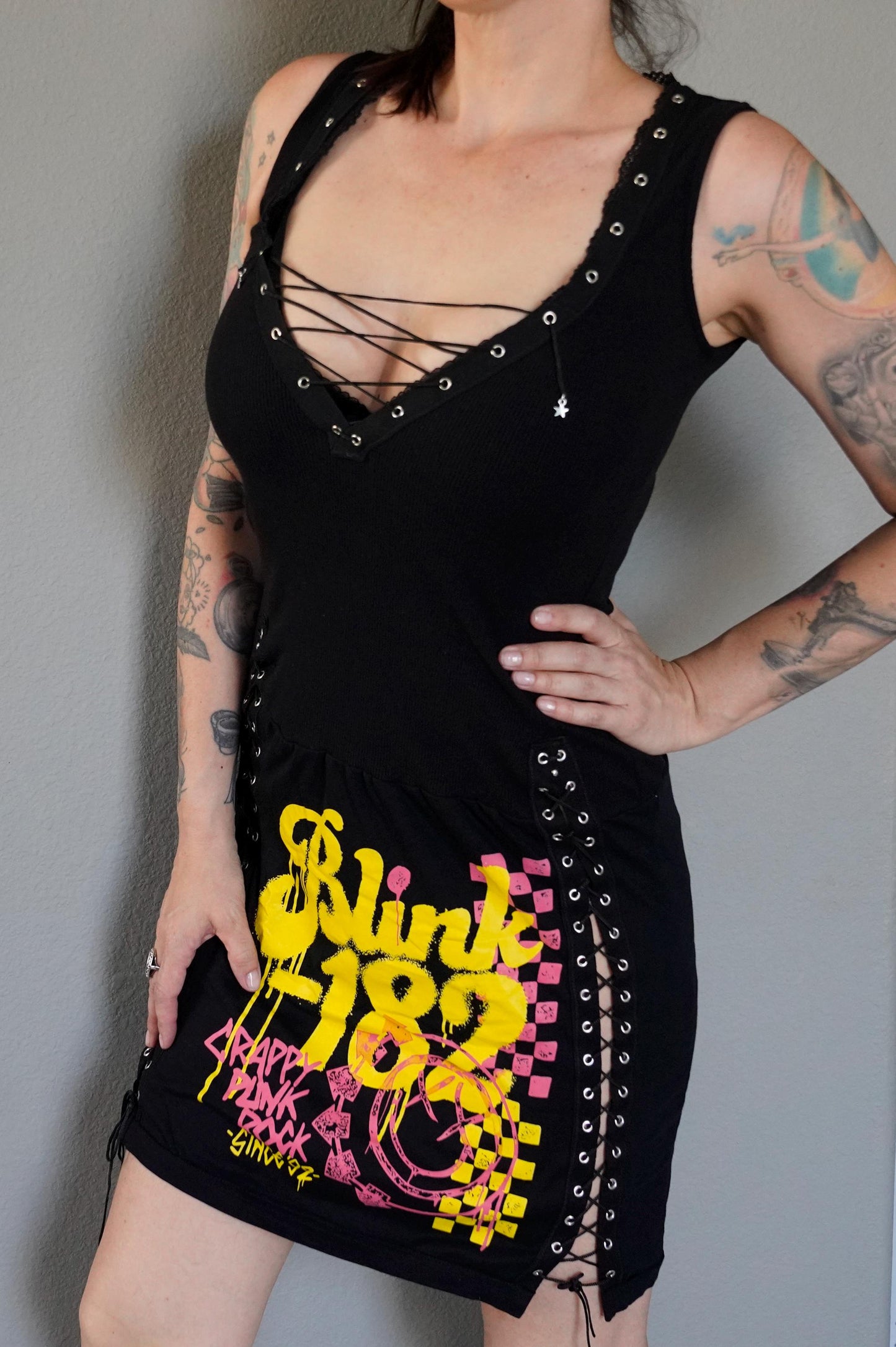 Olivia Paige Clothing - Blink 182 Custom dress Tee with eyelets lace ups