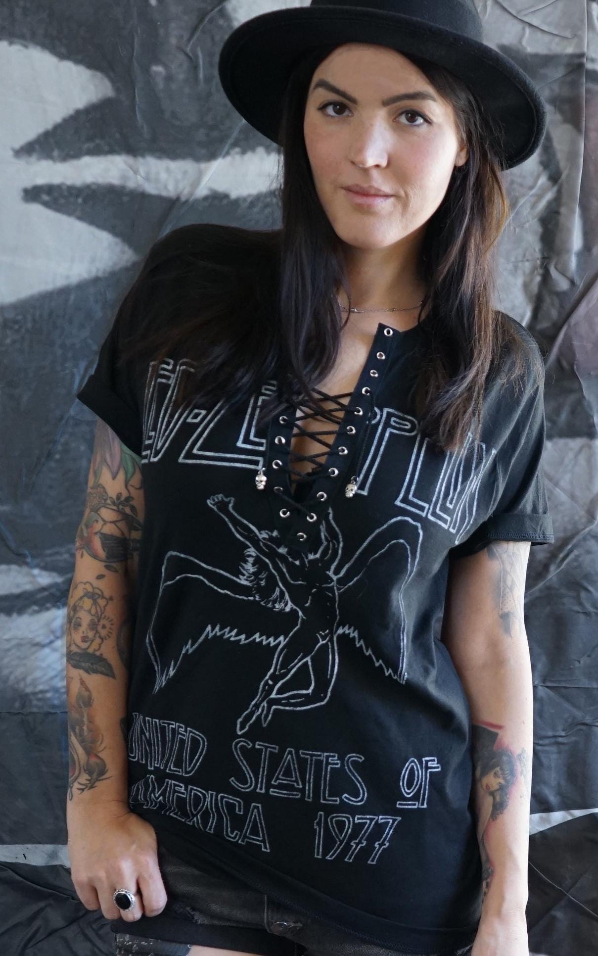 Led Zeppelin Lace-Up Band Tee: Upcycled Concert T-Shirt