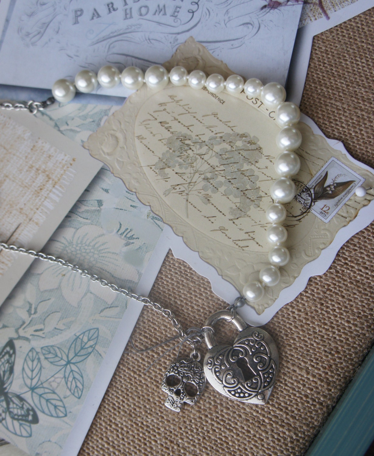 Victorian Heart Lock Necklace: Skull, Pearls, Romantic Skeleton Key