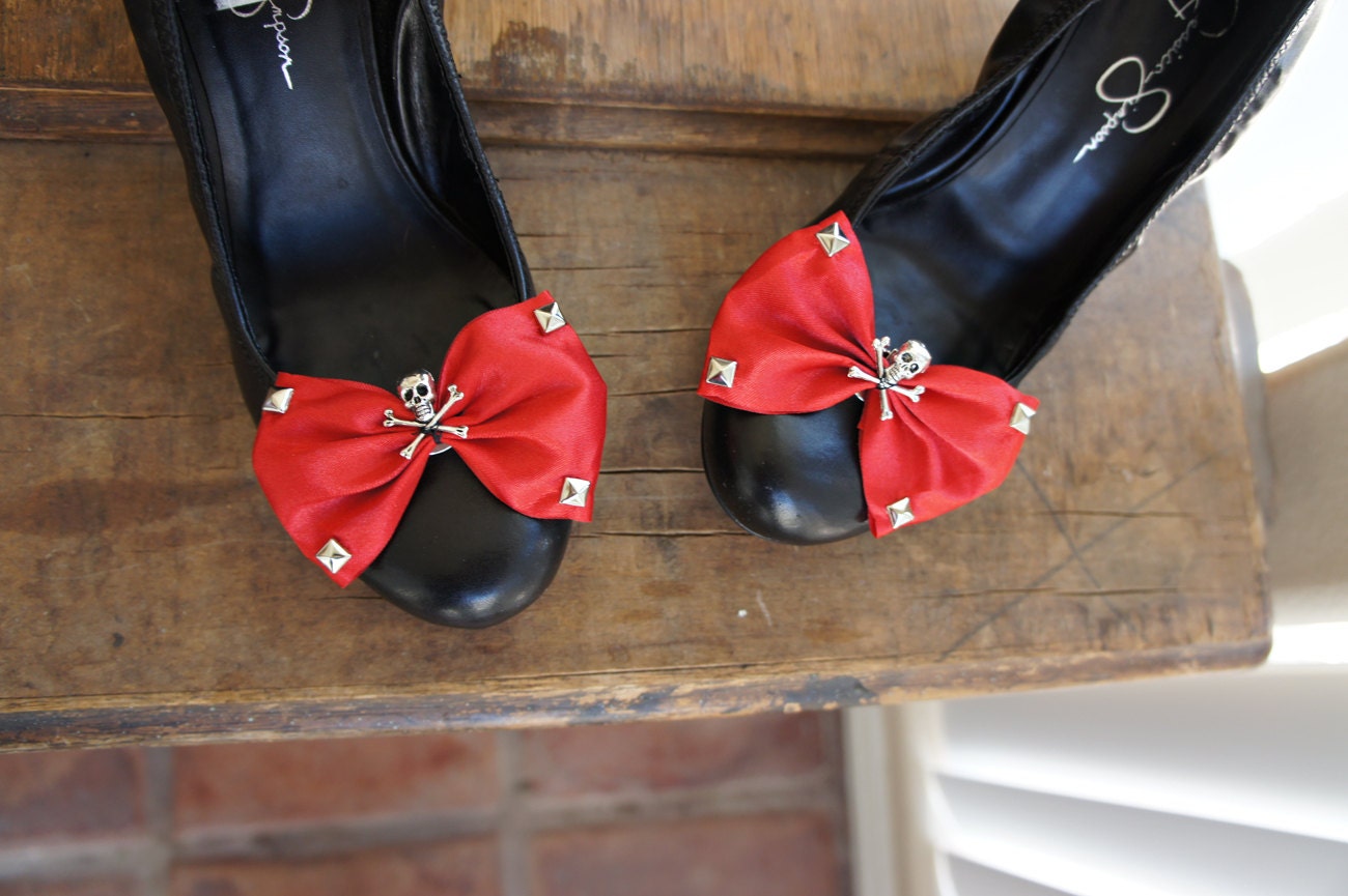Olivia Paige - Red satin Bow Sugar skull shoe Clips Pirate skulls Crossbones  with studs