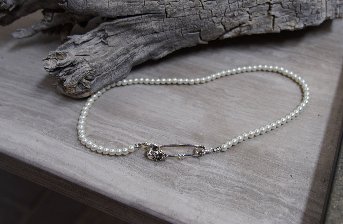 Olivia Paige -Safety pin Pearl Skull skeleton  Necklace Goth