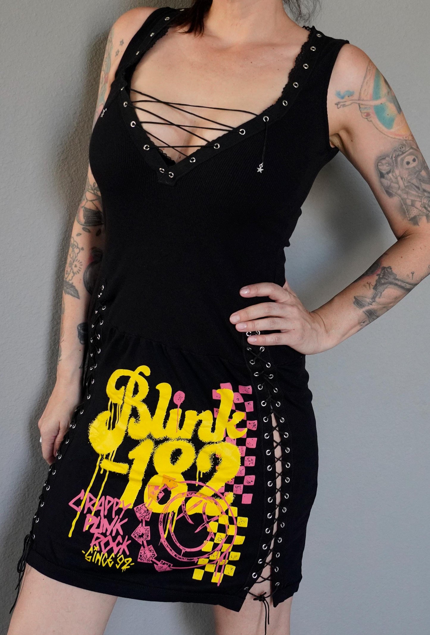 Olivia Paige Clothing - Blink 182 Custom dress Tee with eyelets lace ups
