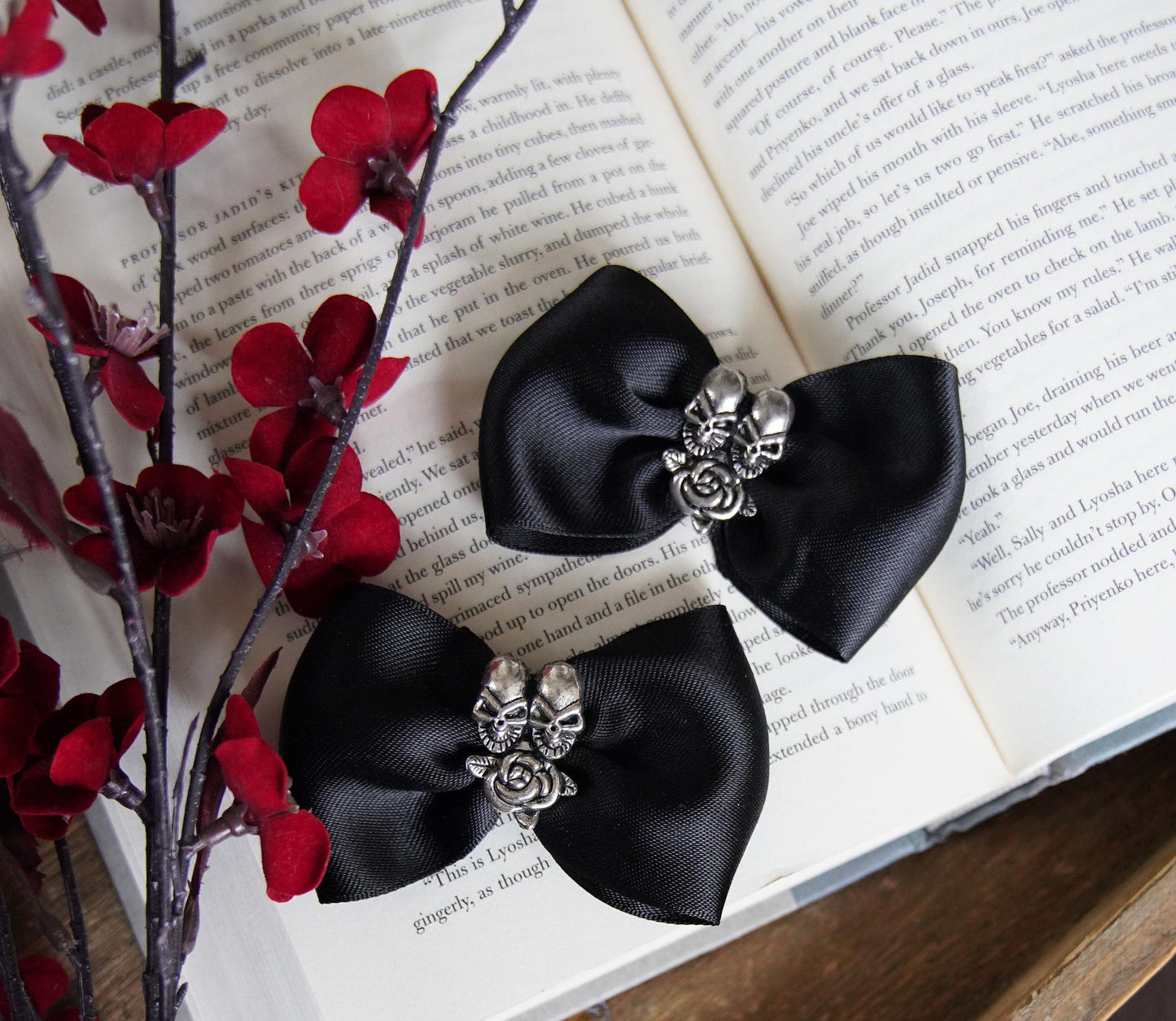 Olivia Paige - Black satin Bows Sugar skulls silver Roses tattoo Shoe Clips