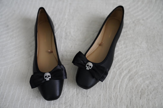 Olivia Paige -Black Rockabilly flats with silver sugar skull bows  skeleton shoes