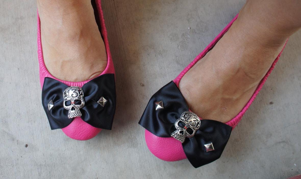 Sugar Skull Shoe Clips: Satin Bow Rockabilly Pin Up