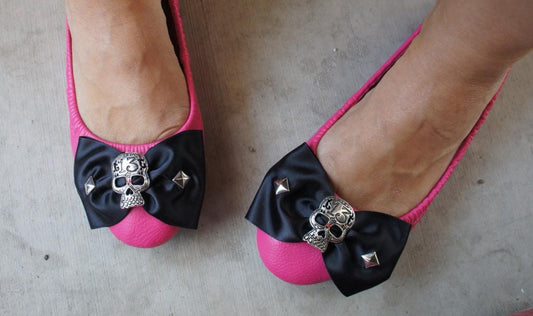 Sugar Skull Shoe Clips: Satin Bow Rockabilly Pin Up