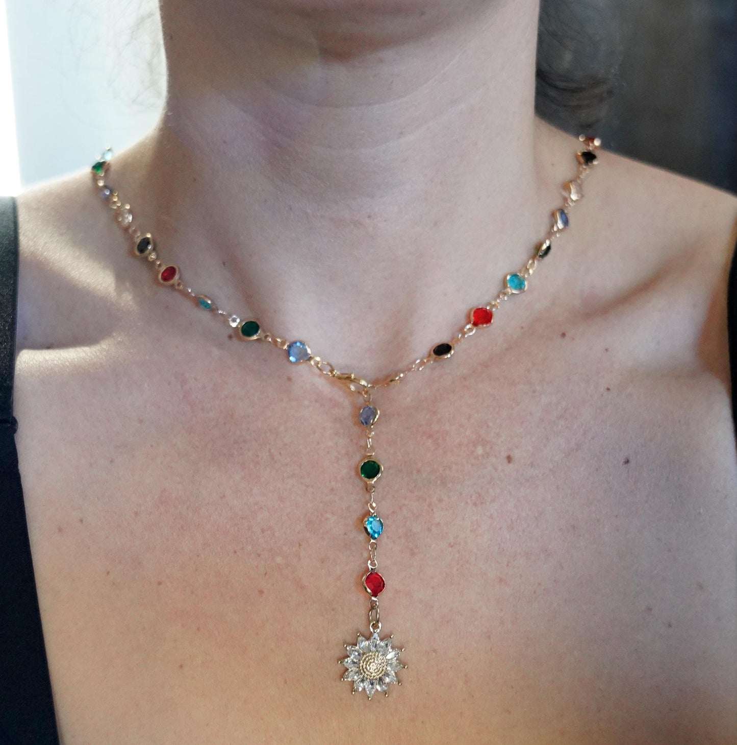 Olivia Paige -Bohemian Boho romantic flower Sunflower necklace with small colors glass