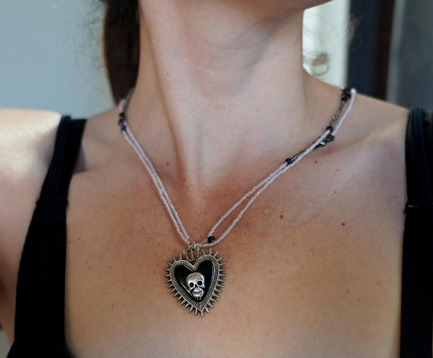Olivia Paige -Silver Pin up rockabilly Heart Skull Skeleton necklace with Beads