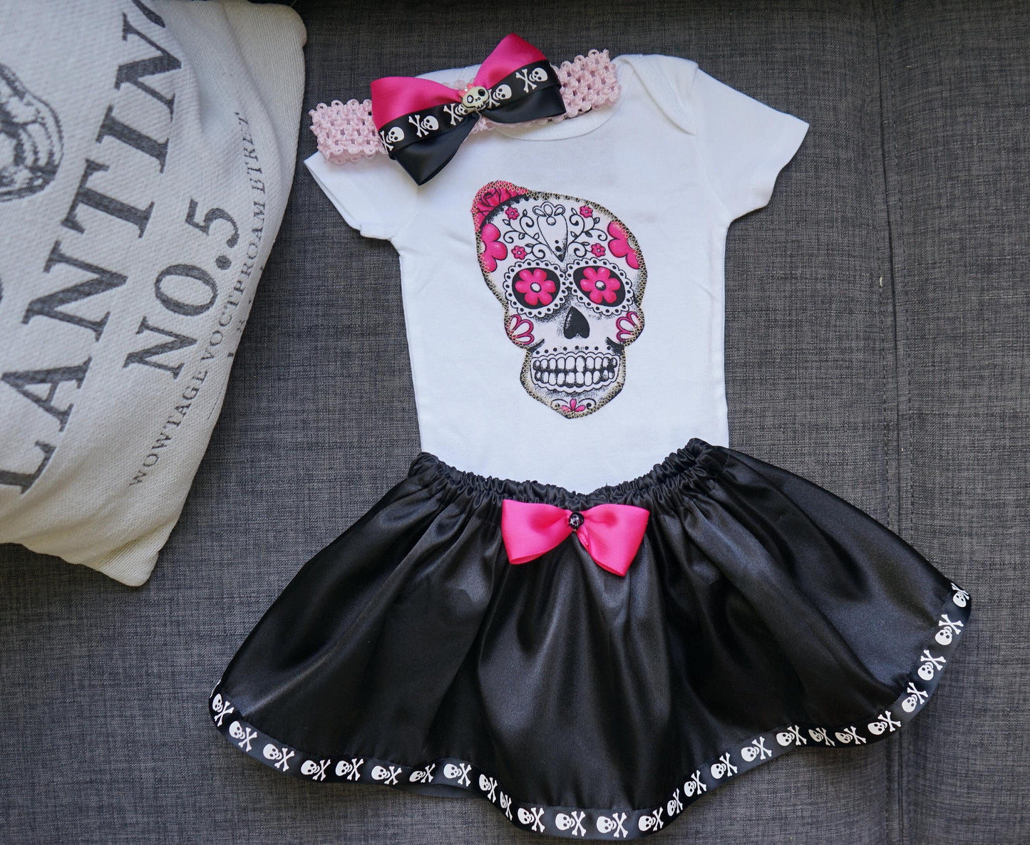 Olivia Paige - Little sugar skull rockabilly punk rock outfit bodysuit with skirt headband bow