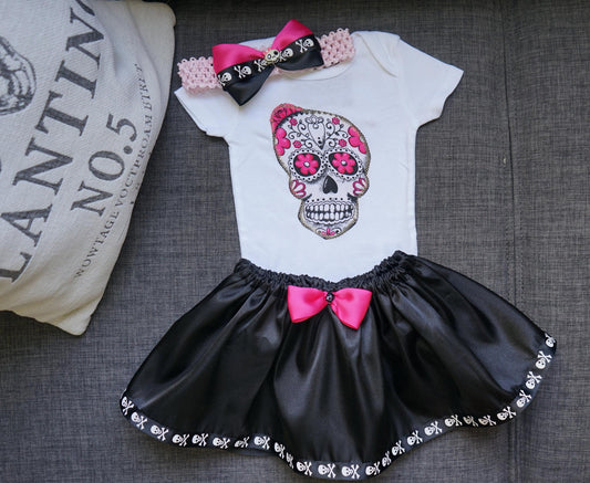 Olivia Paige - Little sugar skull rockabilly punk rock outfit bodysuit with skirt headband bow