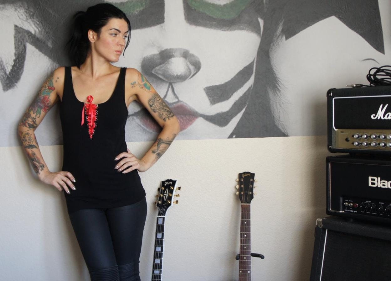 Olivia Paige - Punk rock lace lacing black tank top Rock chick