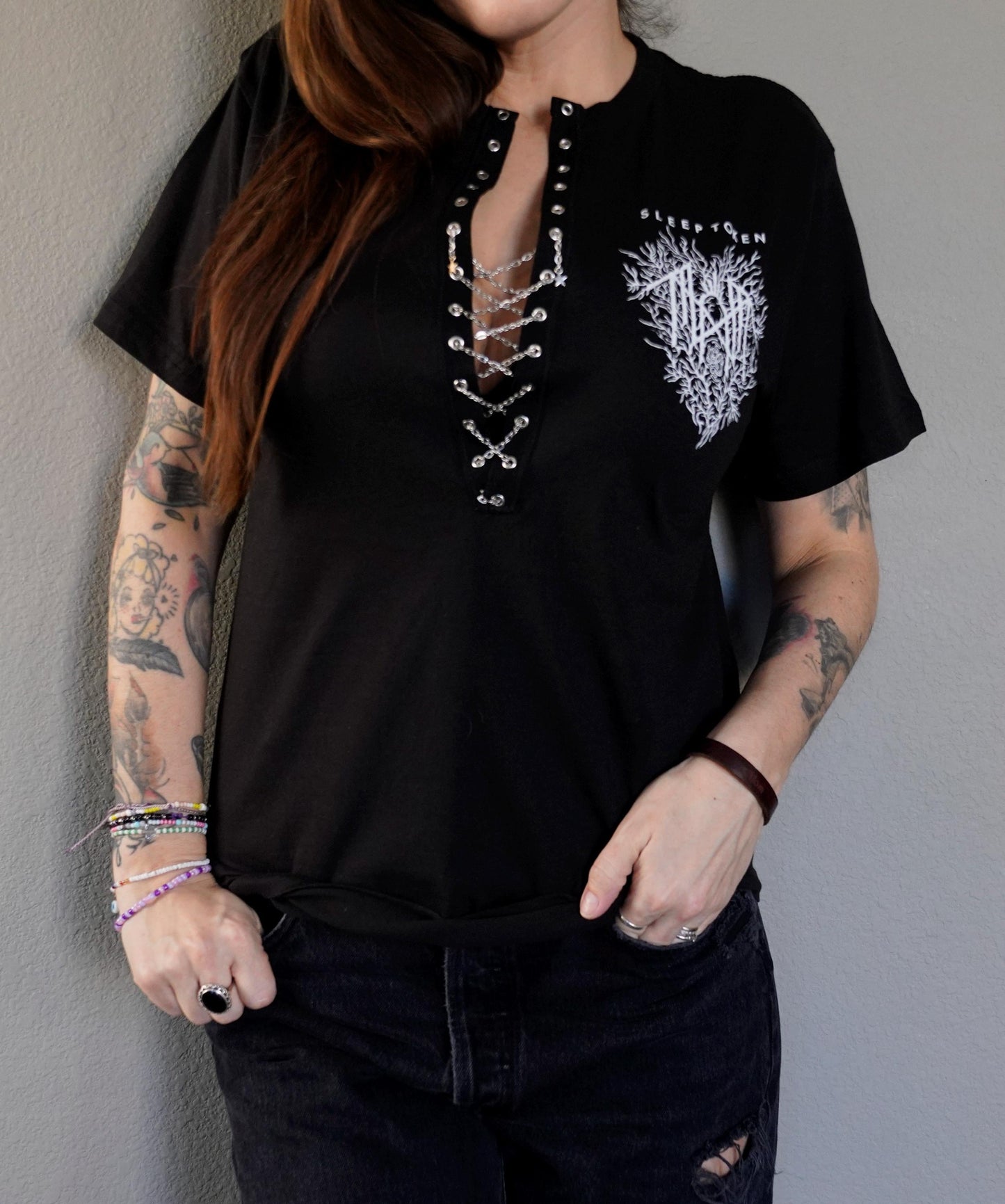 Sleep Token Lace-Up Band Tee: Upcycled Concert Shirt